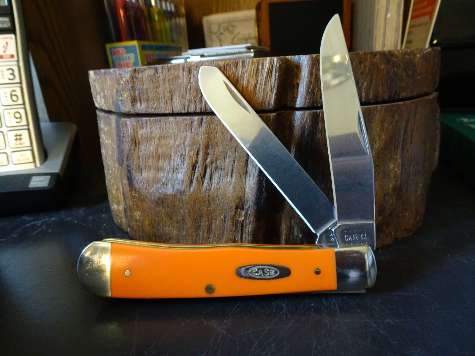 CASE XX 3.5" ORANGE MINI TRAPPER  SYNTHETIC HANDLE  POCKET KNIFE 2- TRU-SHARP BL