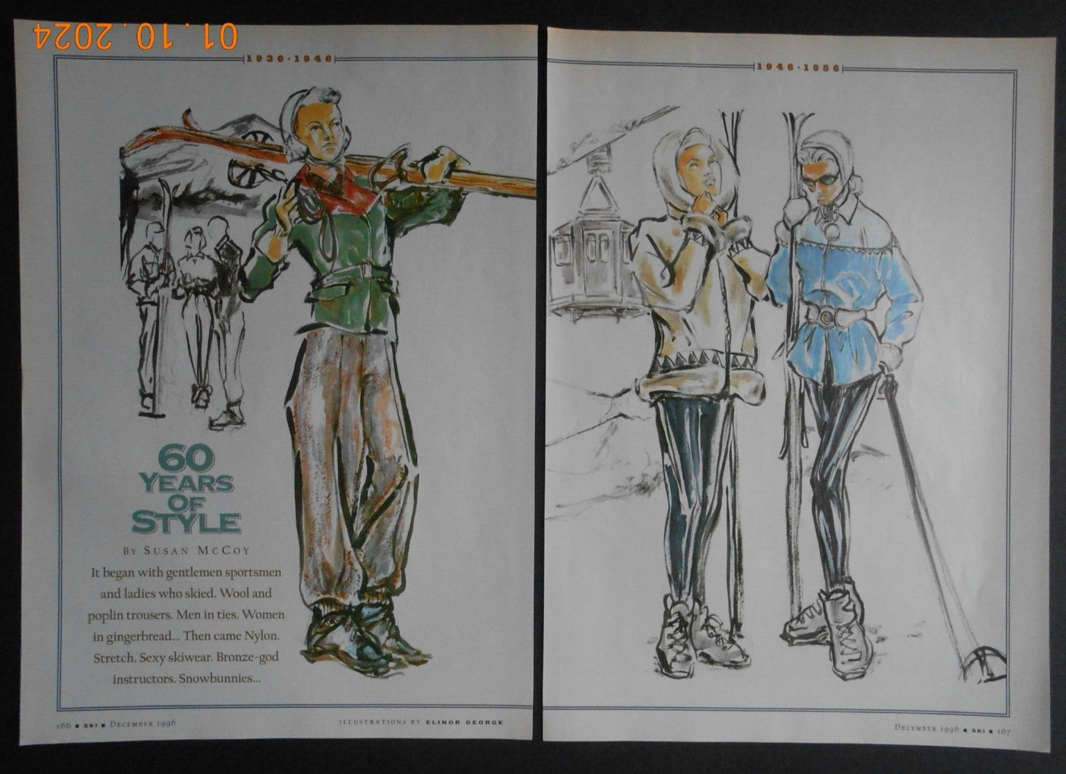 1996 60 years of Woman's downhill skiing ski clothing Elinor George illustration