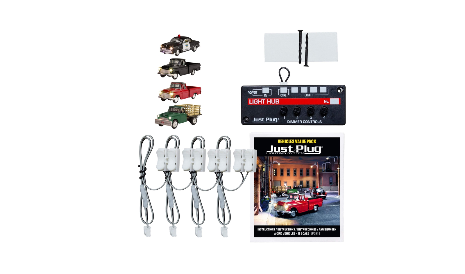 Woodland Scenics JP5918 N Scale Just Plug Value Pack Work Vehicles with Light Hu