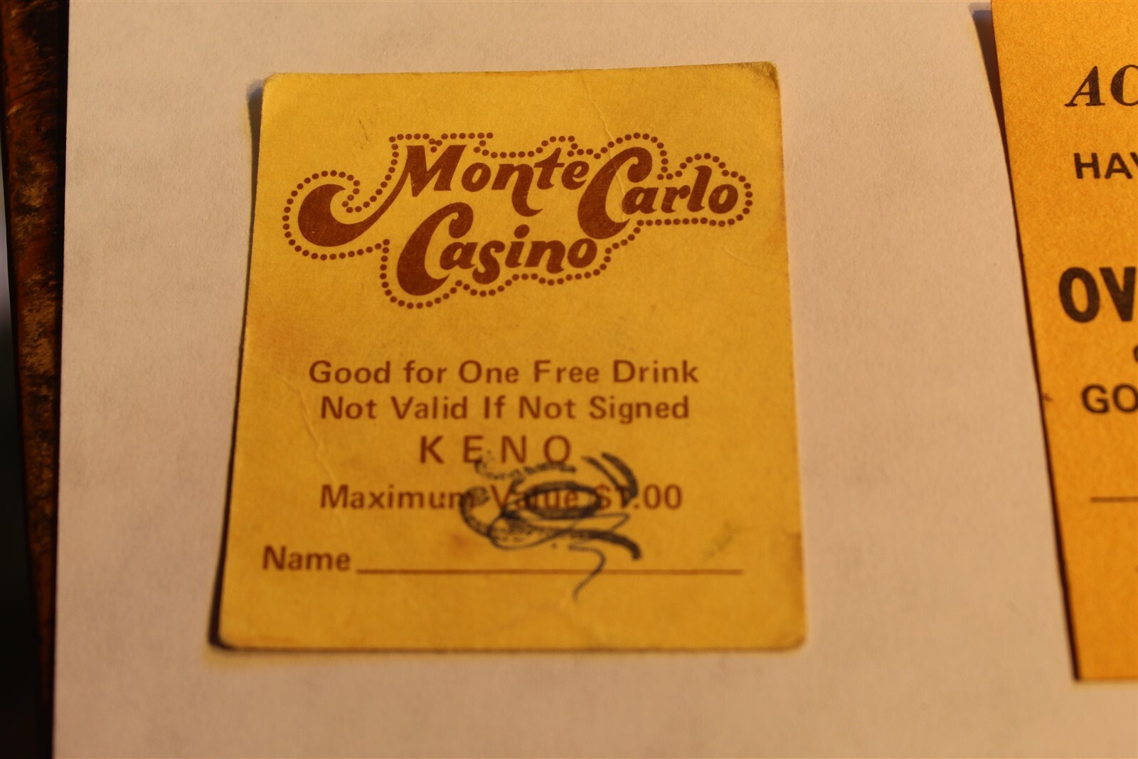 MONTE CARLO CASINO - 1976 GOOD FOR ONE FREE DRINK COUPON LAS VEGAS NEVADA
