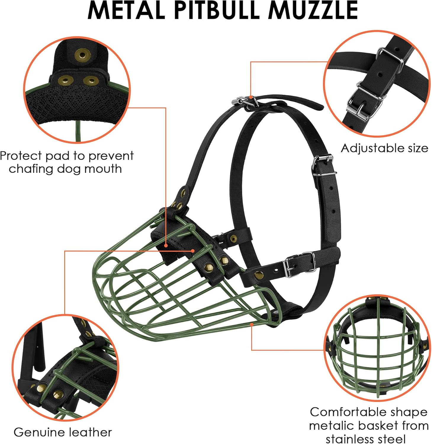 Pitbull Dog Muzzle Metal Mask Amstaff Secure Wire Basket Adjustable Durable Leat