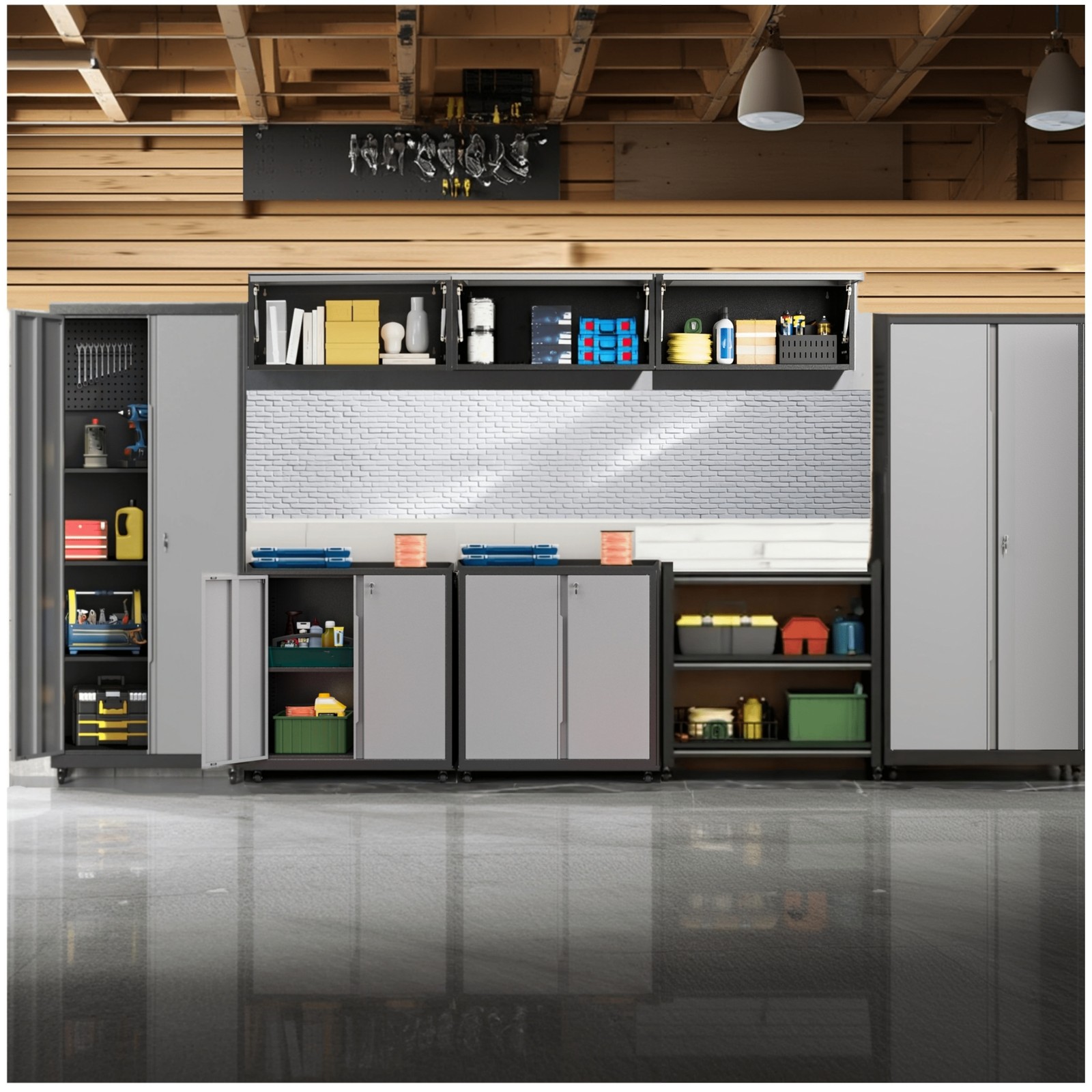 Garage Storage Cabinet System 8 Pcs Garage Workshop Set W/Steel Cabinet Cupboard
