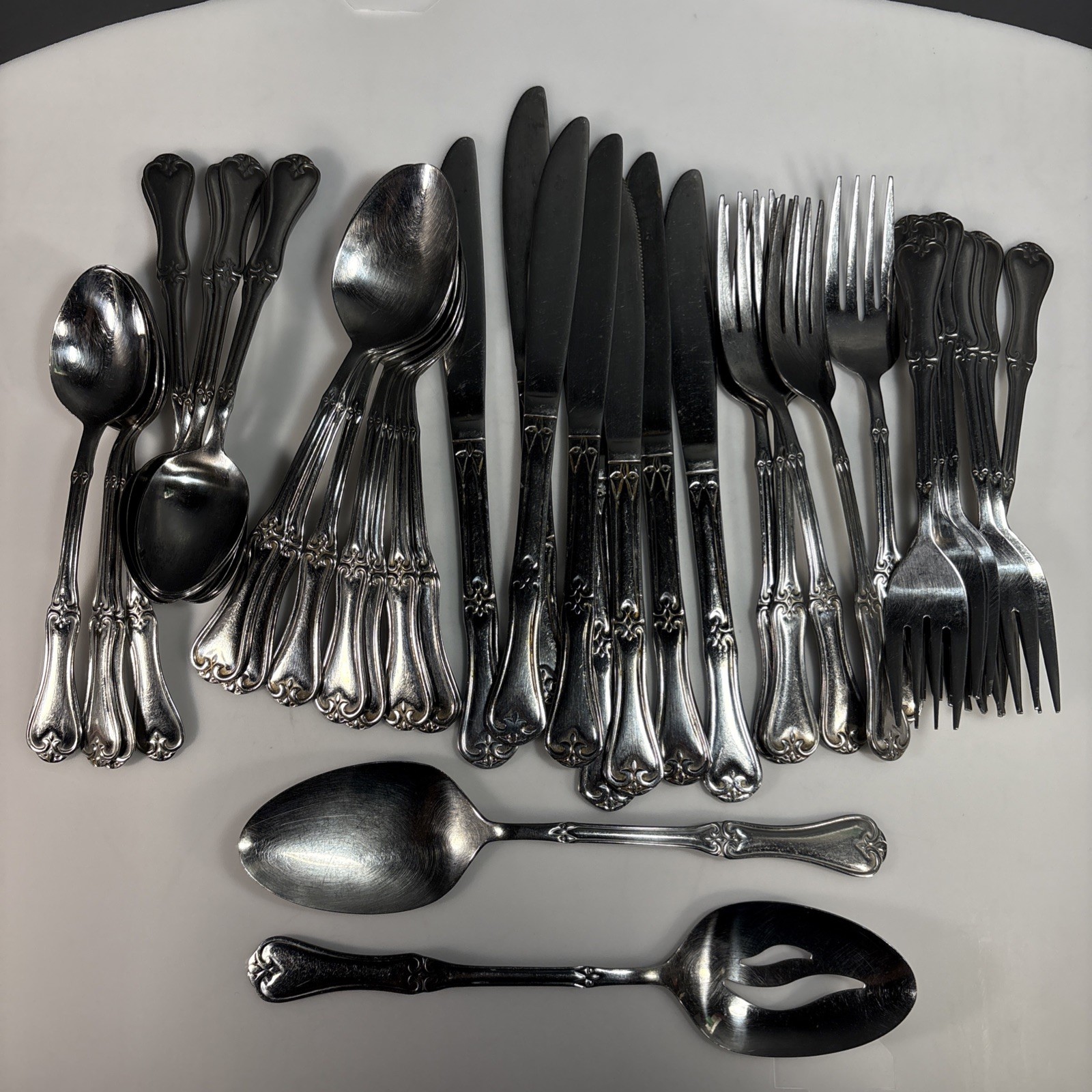48 Piece Lot Alco Stainless Flatware Scrolls Scalloped Handle Spoon Knife Fork