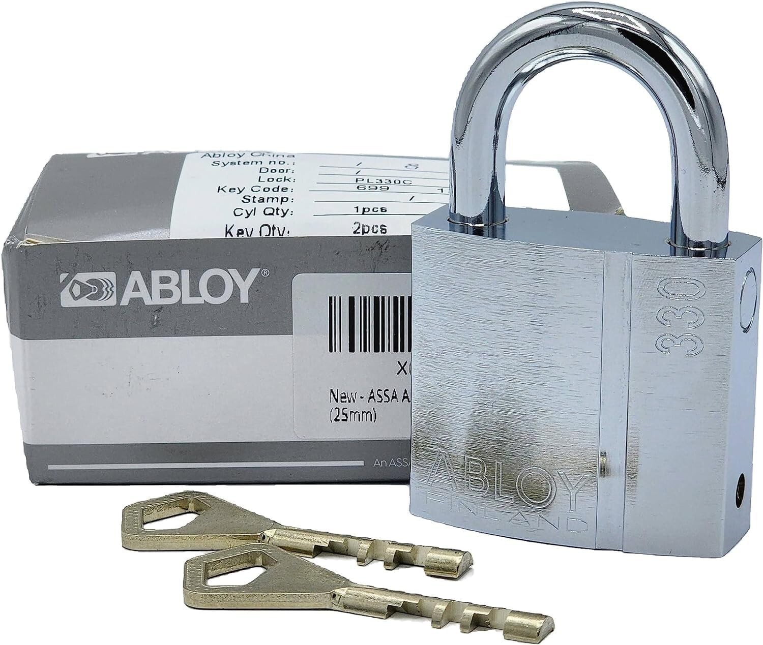 Abloy Sentry PL330/25B Brass Padlock w/ 2 Keys, Chrome Finish