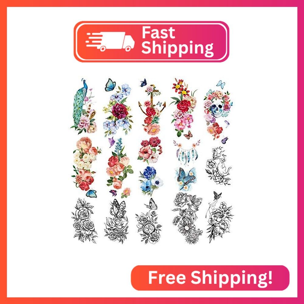 Yazhiji 15 sheets large Sexy waterproof Temporary Tattoos for Men Women Flowers