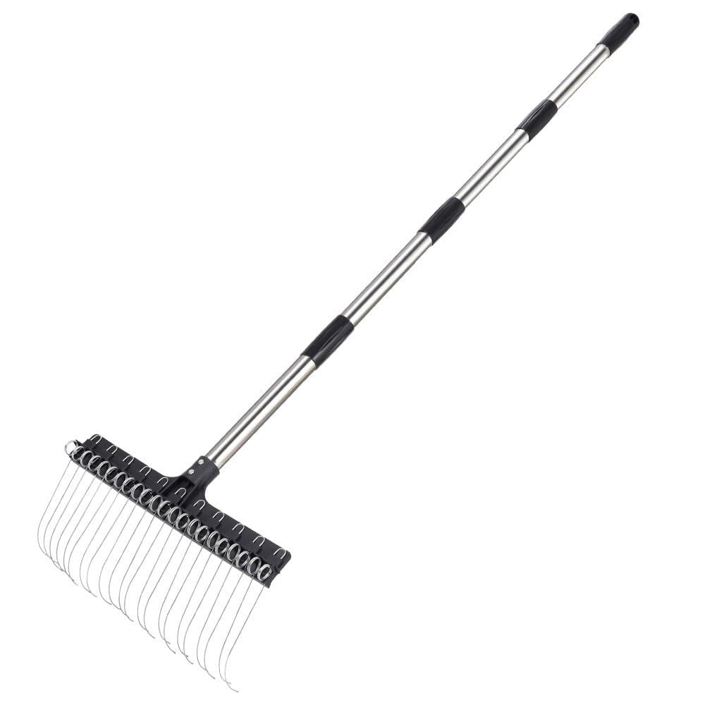 New Thatch Rake 63-inch Adjustable Handle, 16-inch Head, Durable Steel Tines for