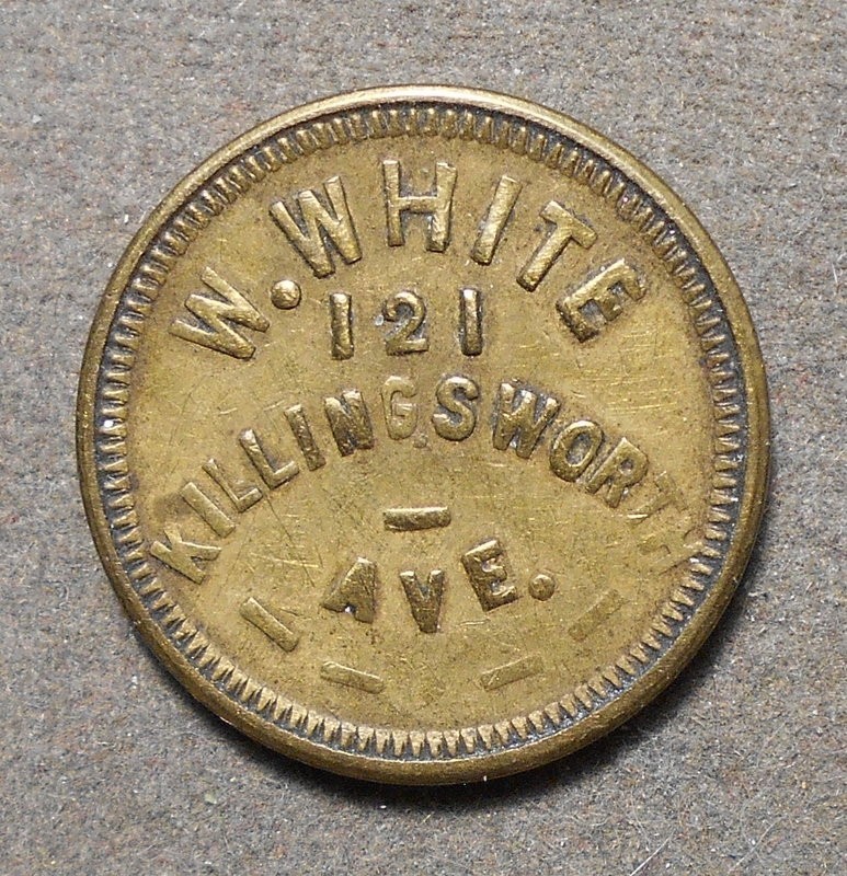 Portland OR: W. White, 121 Killingsworth Ave.   Good For 5c In Trade. Brass, 21