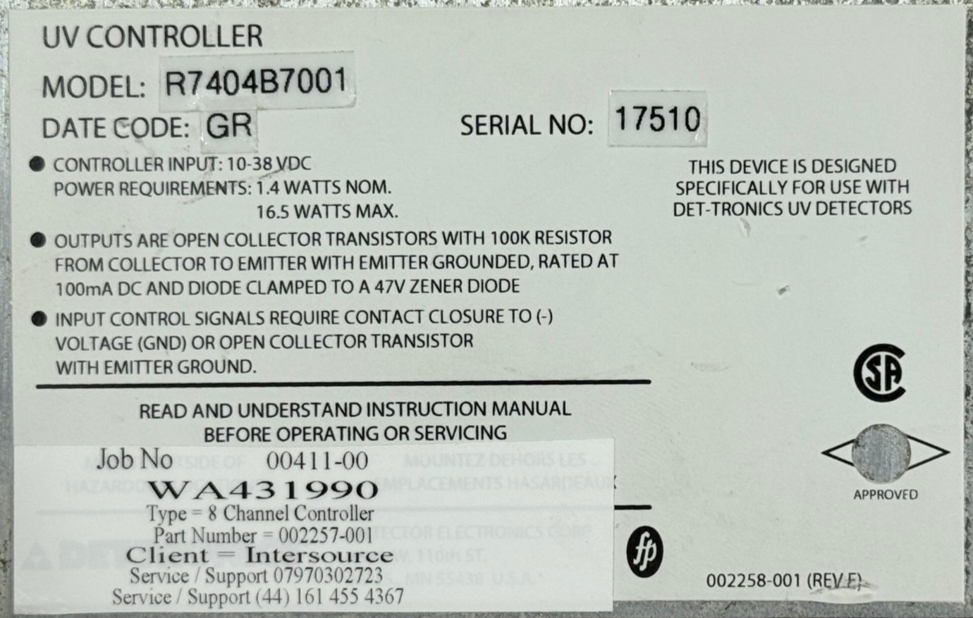 DET-TRONICS UV Flame Detector System Controller Model 701