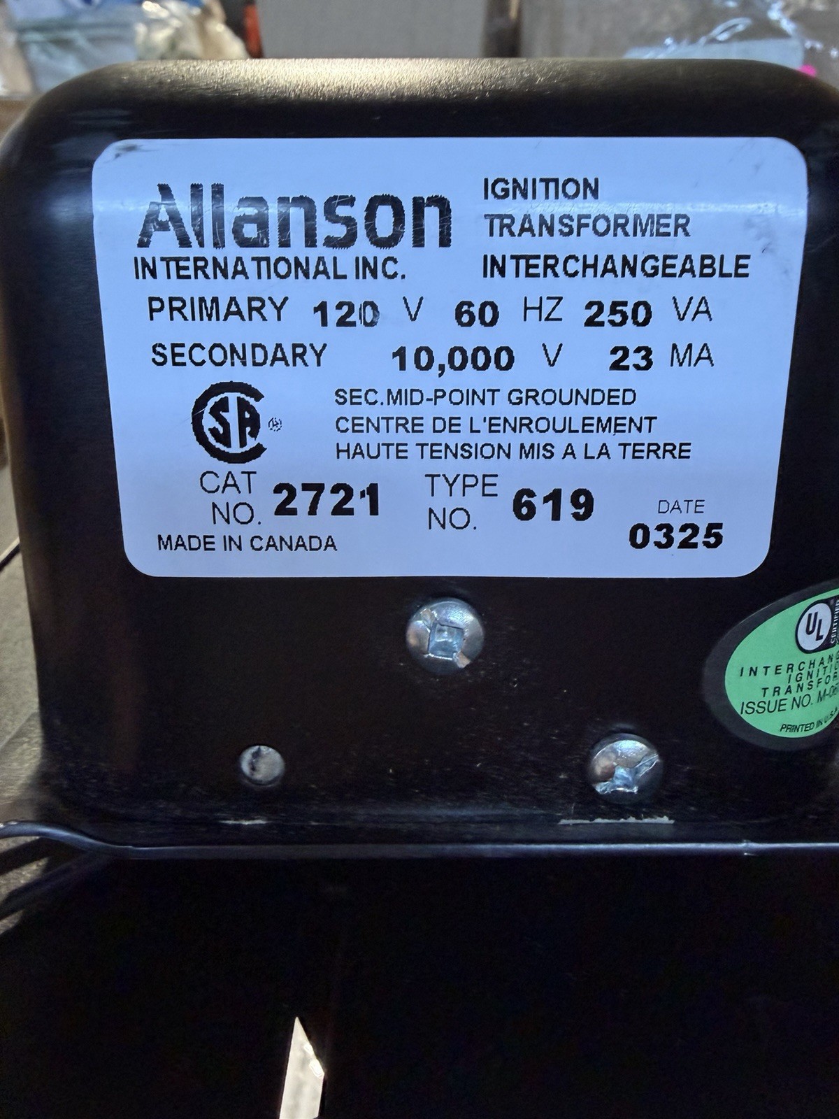 Allanson Ignition Transformer 2721 Type 619 120V 60Hz 250VA 10,000V 23mA