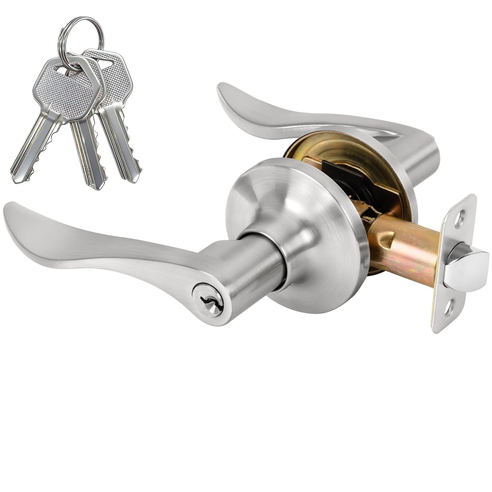 Keyed Entry Door Lever, Door Handle with Lock and Key, Exterior ＆ Interio