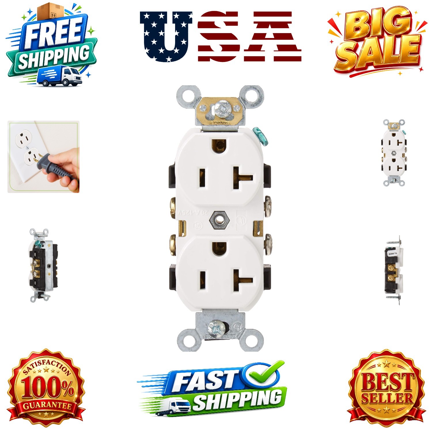 Duplex Receptacle, Commercial Spec Grade, Smooth Face, 20 Amp, 125 Volt, Side...
