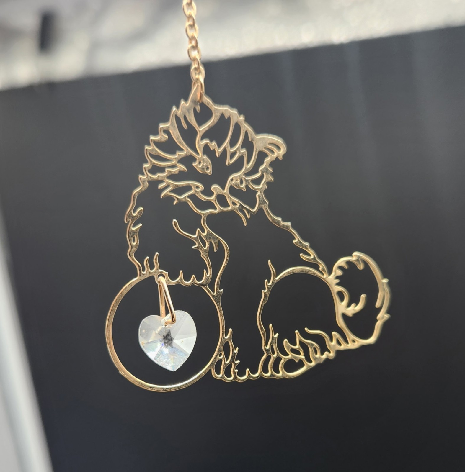 Vintage 24k Gold Plated Cat Suncatcher Ornament with  Heart Crystal...