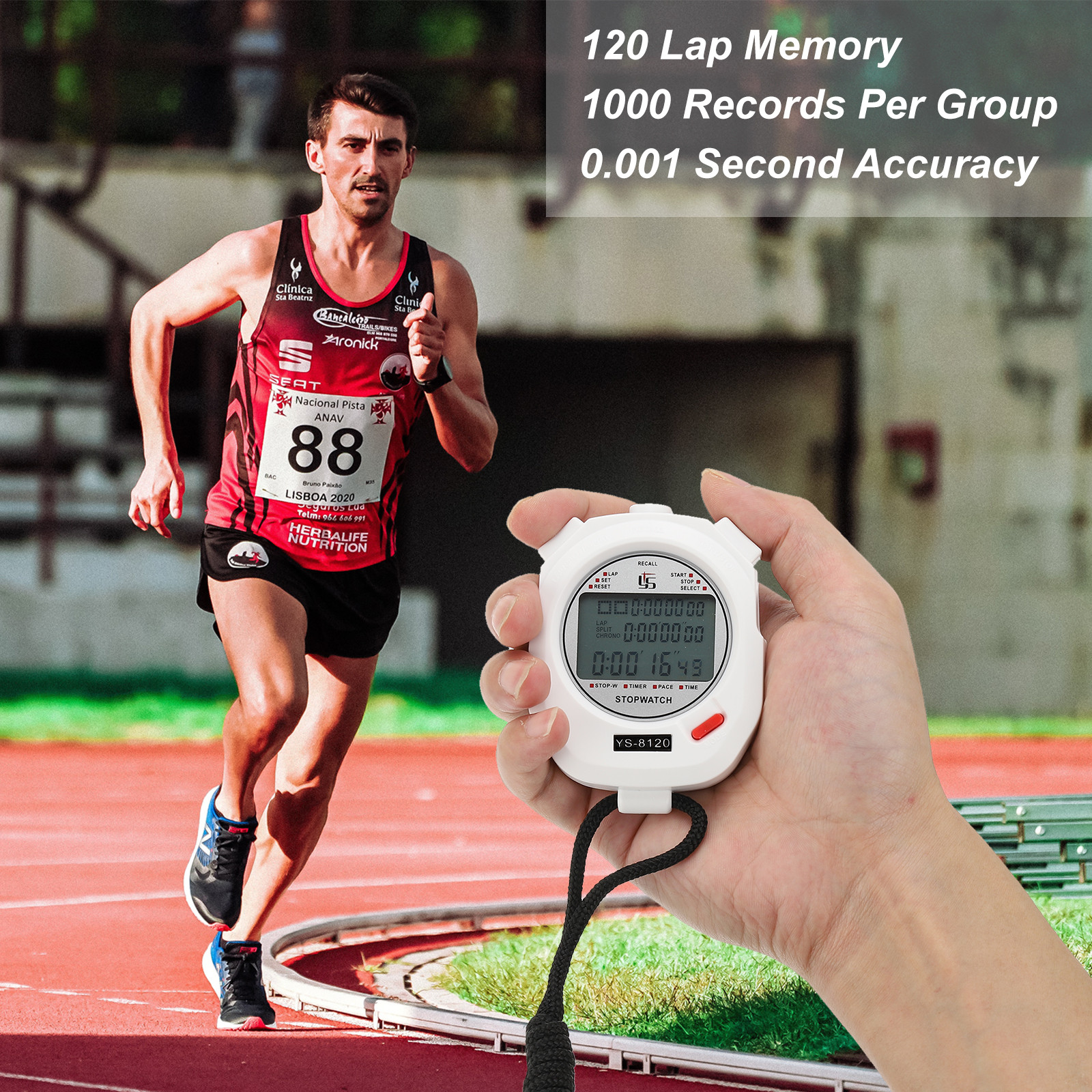 Professional Sport Stopwatch Timer 120 Lap Memory 0.01 Second Timing White