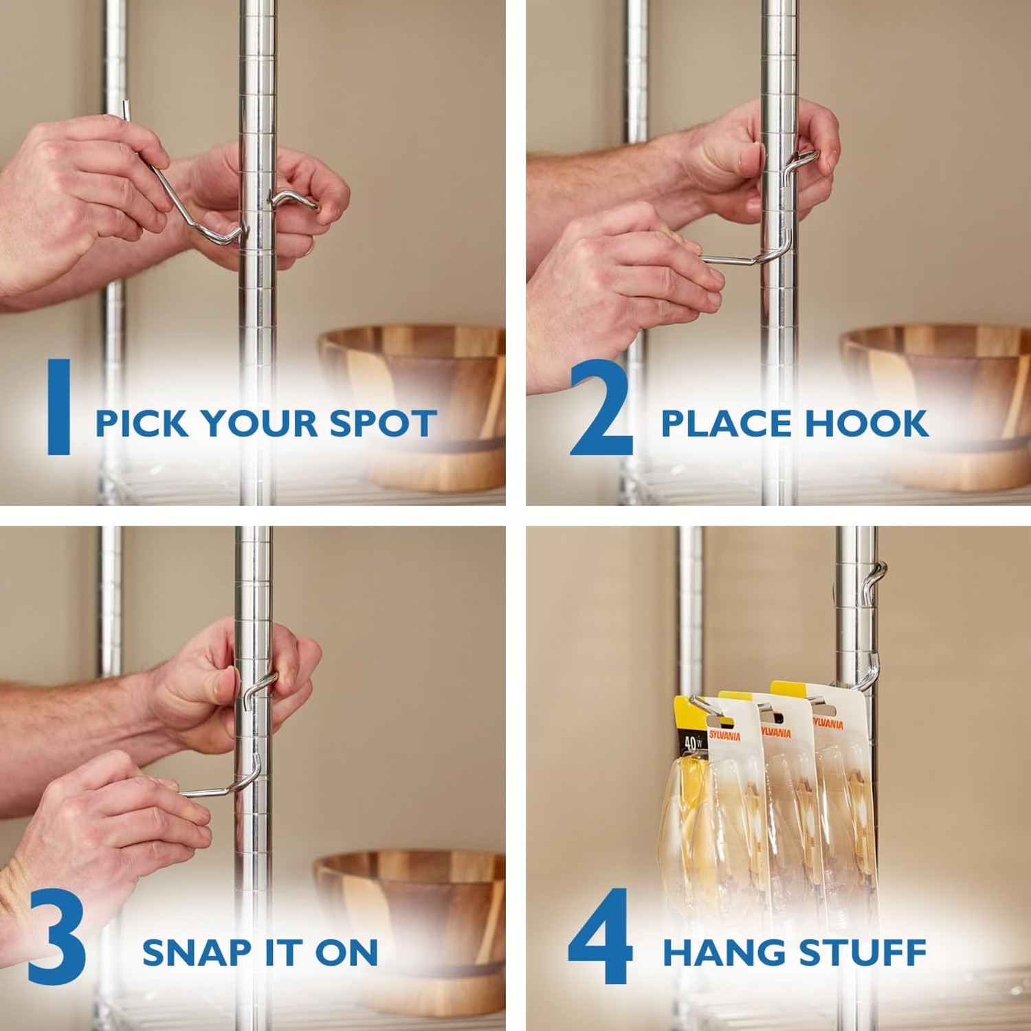 Shelf Pole Hooks 5 Pack | Chrome C-Hook for Hanging | Snap-On Hooks for 1 Inc...