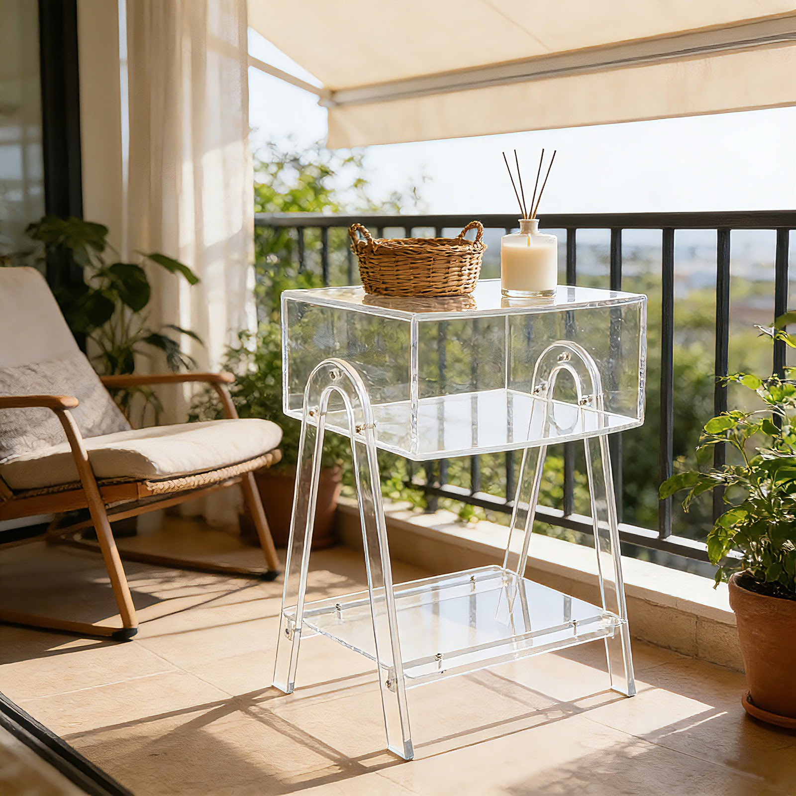 Creative Stylish End Table for Living Room Clear Acrylic with 2-layer Storage