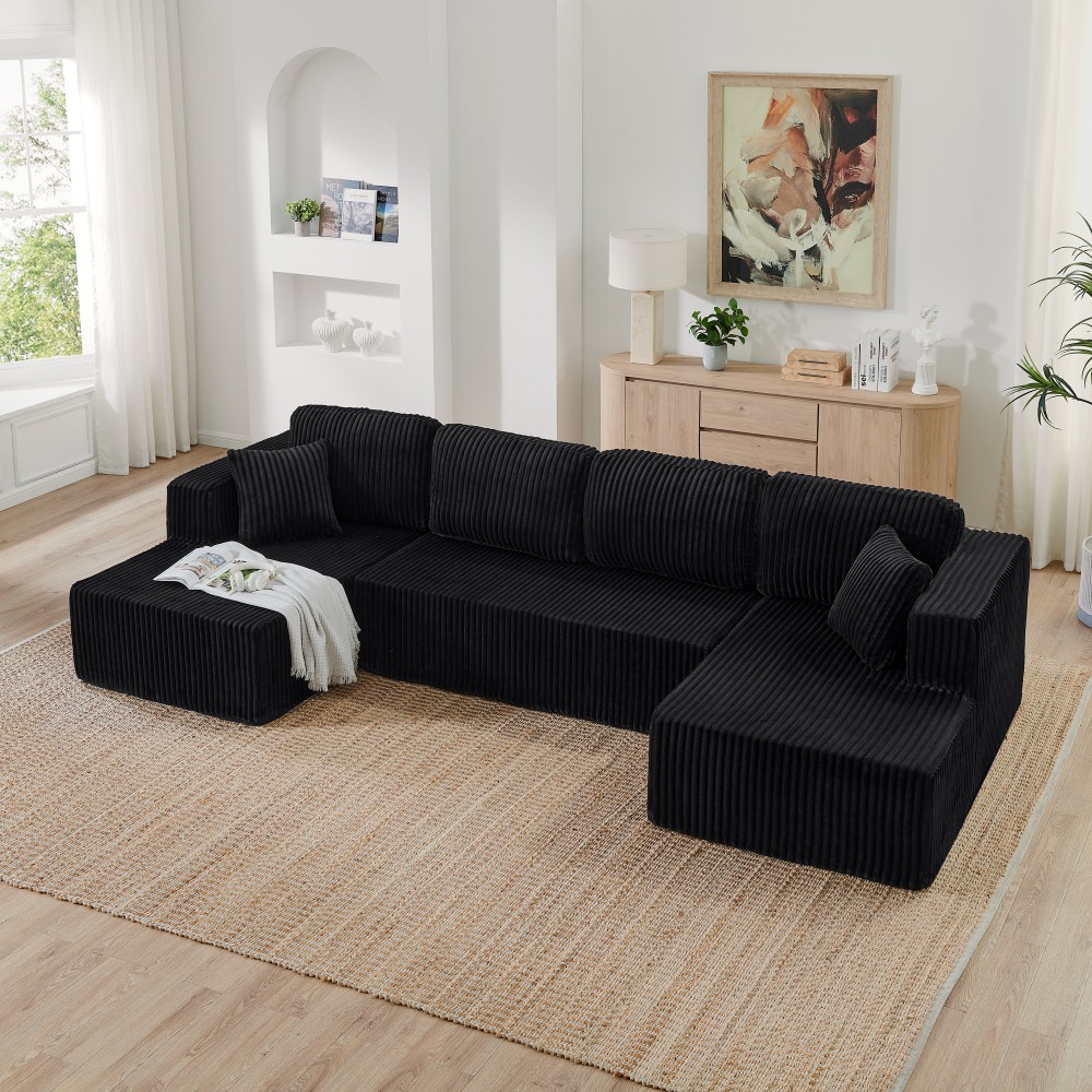 Green Corduroy Modern Sectional Sofa Sleeper 5-Seater Couch
