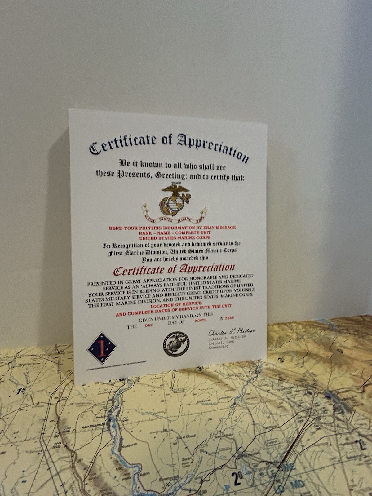 U.S. MARINE CORPS / 1ST MARINE DIVISION - CERTIFICATE OF APPRECIATION