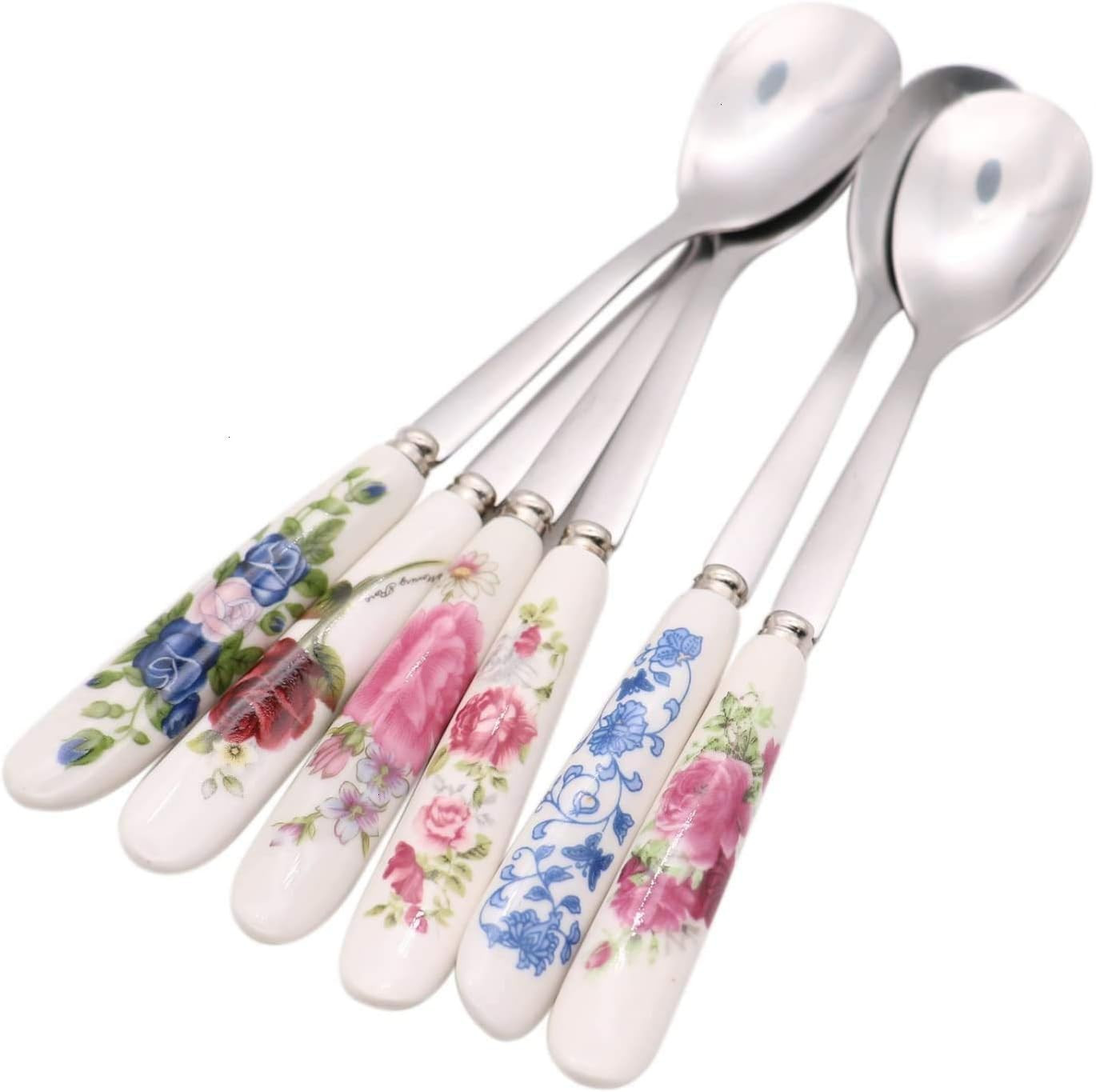 6 Pack Stainless Steel Coffee Spoon Ceramic Handle Teaspoon Sugar Ice Cream Dese
