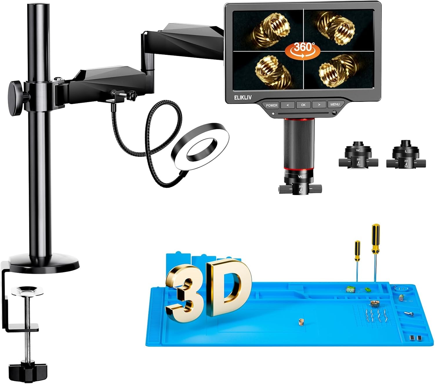 Elikliv EM3K-3D Max Microscope for PCB Soldering & Electronics Repair Flex Arm