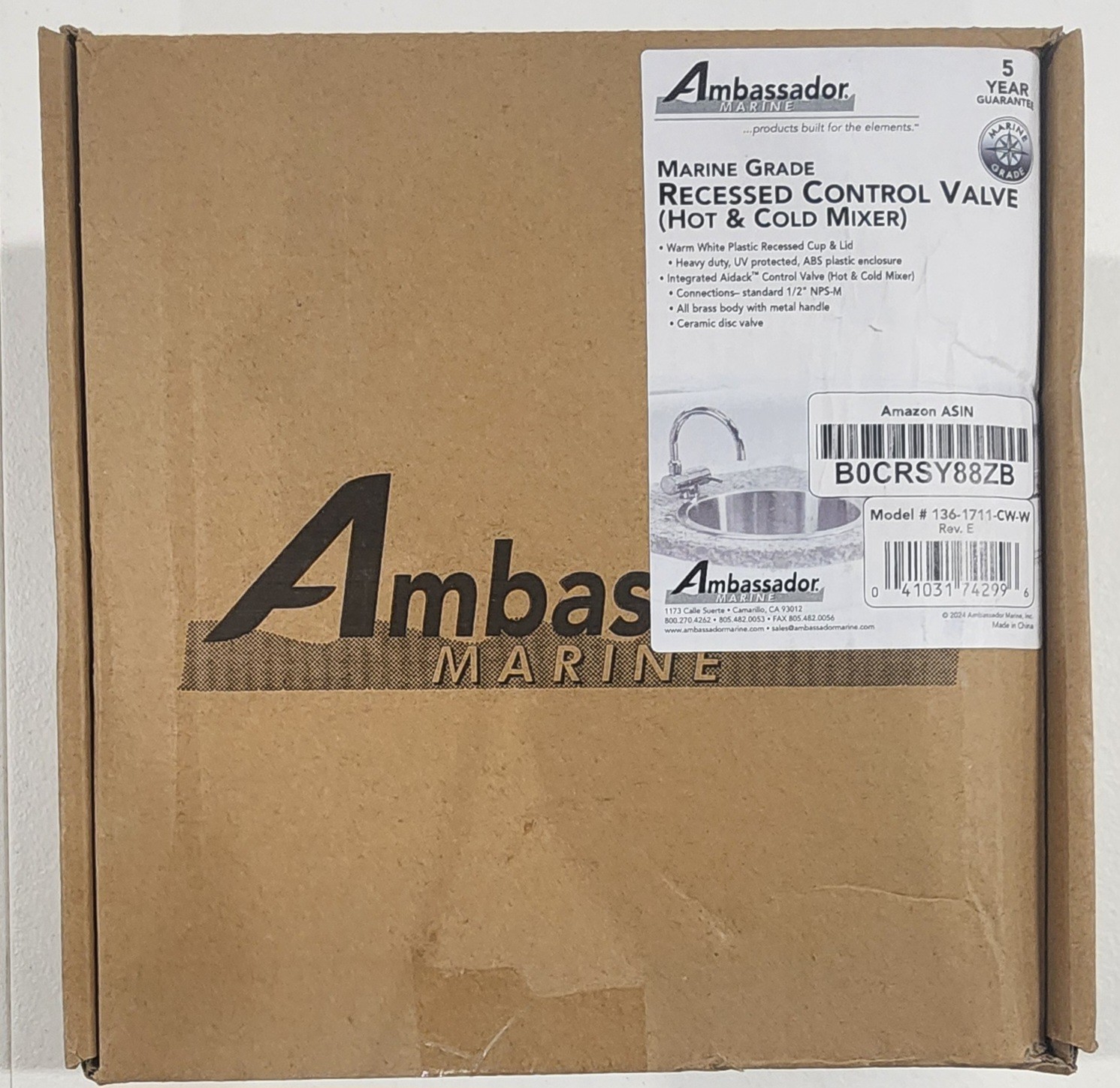 Ambassador Marine Recessed Control ValveStainless Steel Lid 136-1741-CW-W