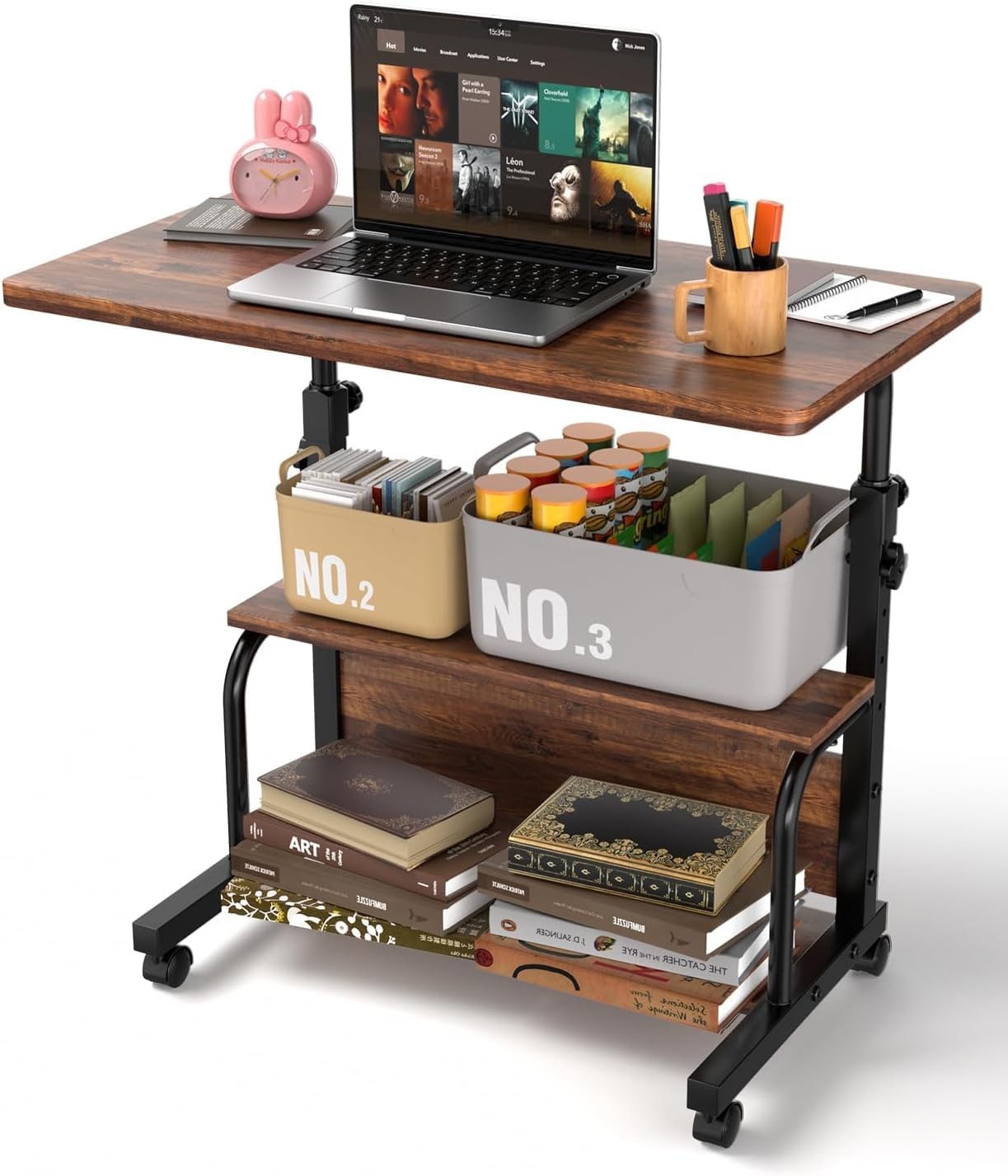 QZMDSM Portable Rolling Desk on Wheels 32" (W) X 28"-35.4" (H), Rustic