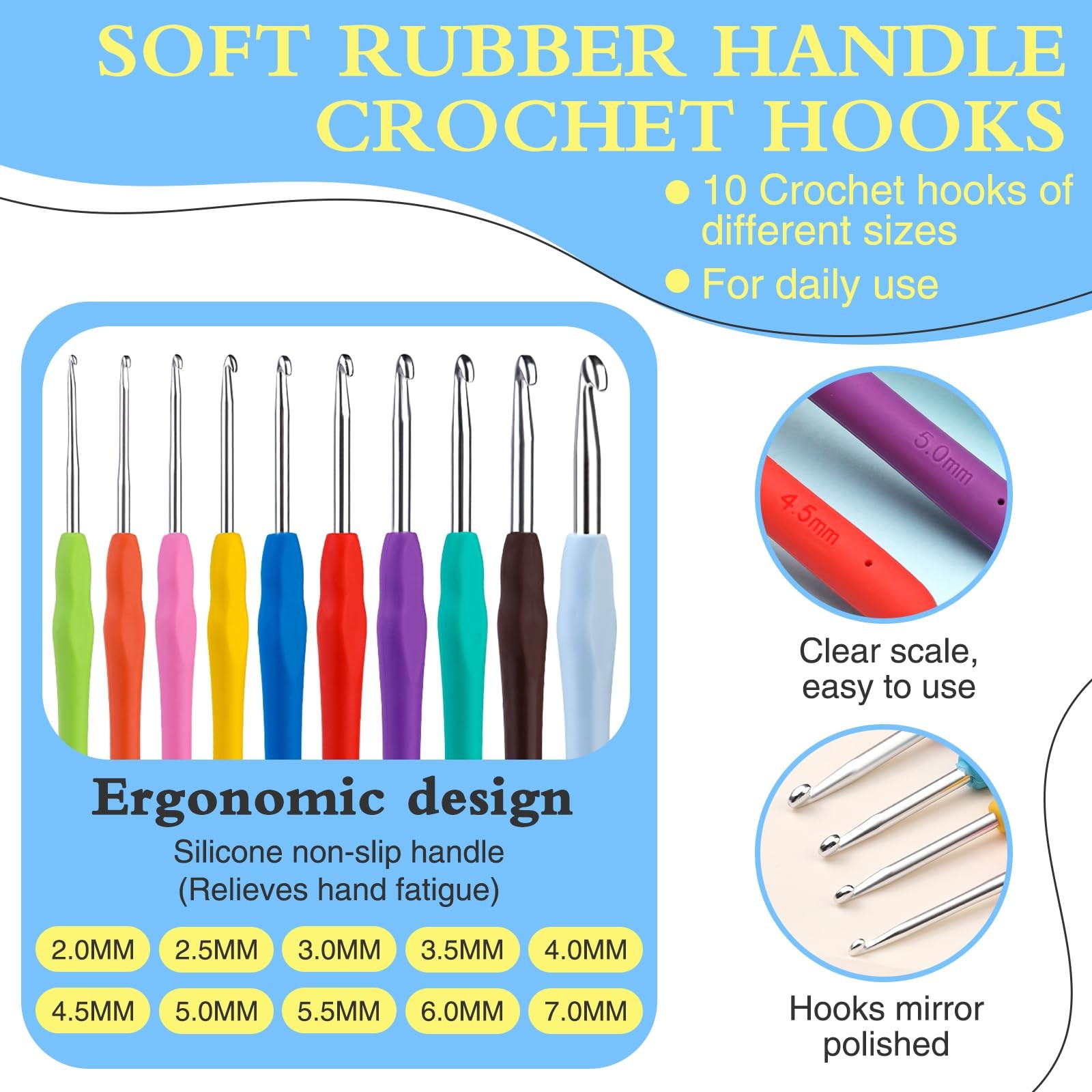 Crochet Hooks Set, 10 Sizes Ergonomic Crochet Hooks with Roll Felt Bag for Be...