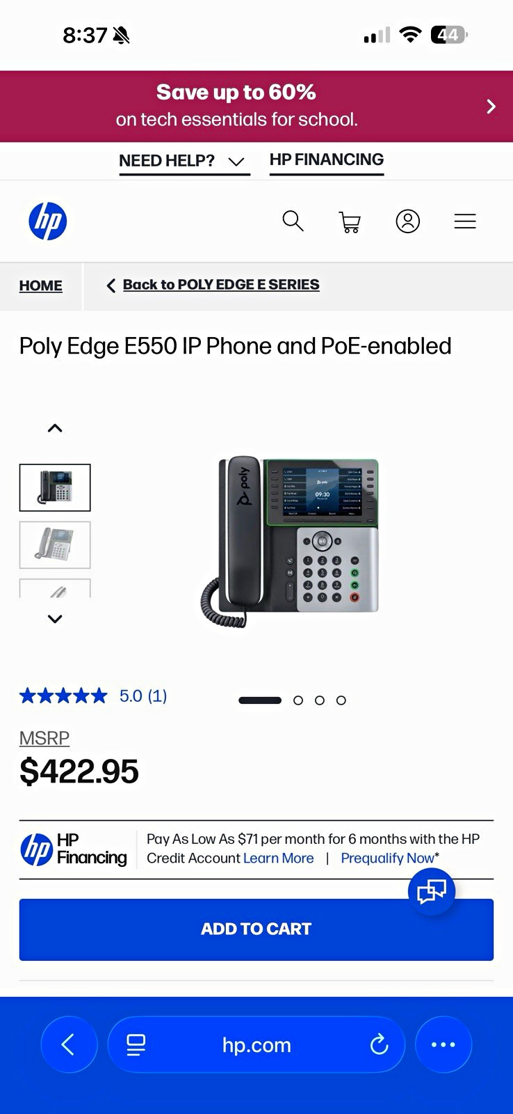 Poly Edge E550 VoIP IP Desk Phone, PoE, 12-Line, Ethernet (RJ-45)