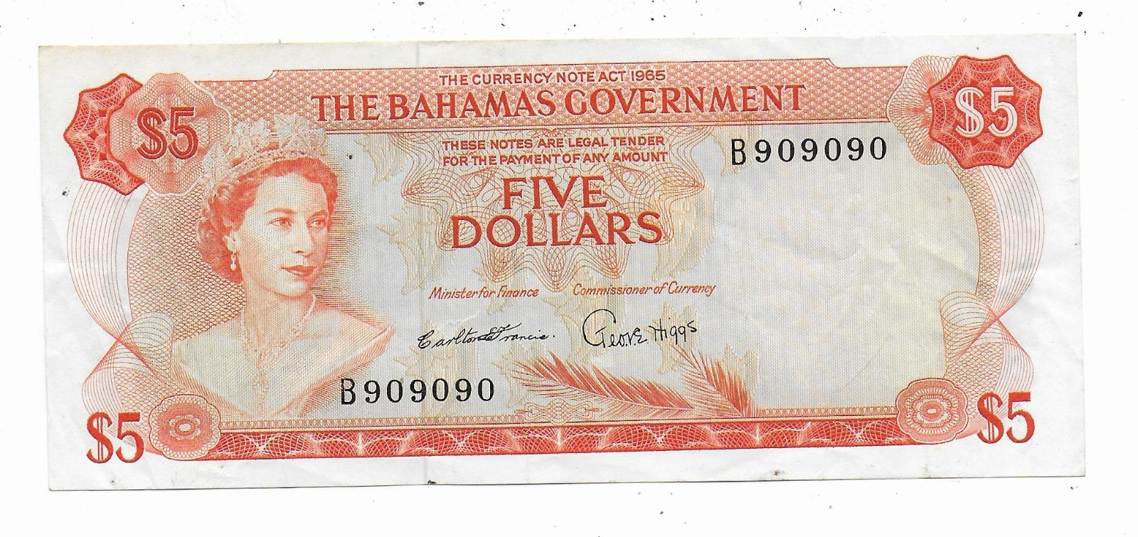 Bahamas $5 Pick 21-A  Super Repeater Serial #B 909090  Very Fine