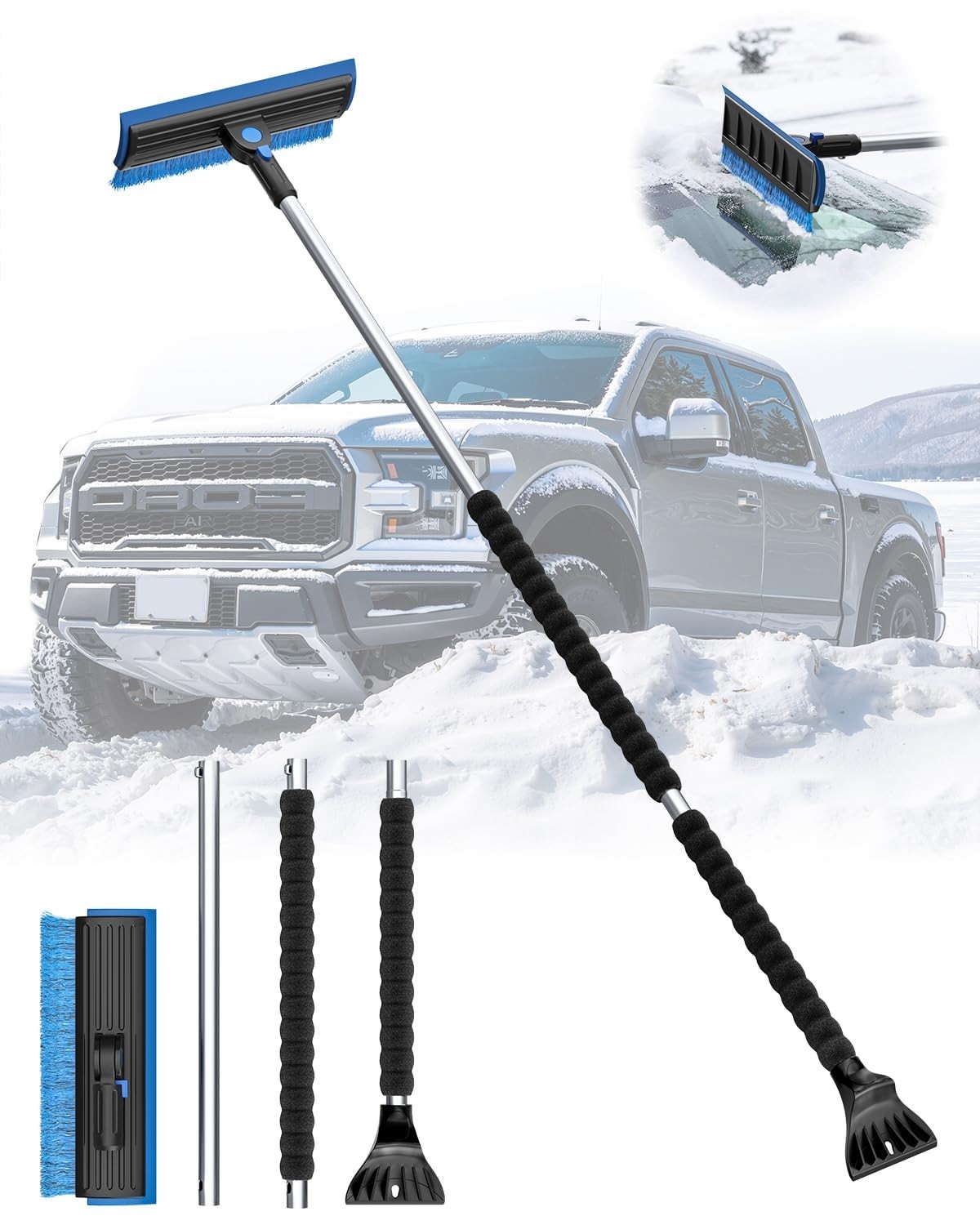 55.7" Snow Brush & Ice Scraper for Car Windshield - Extra Long, Foam Grip, Pivot