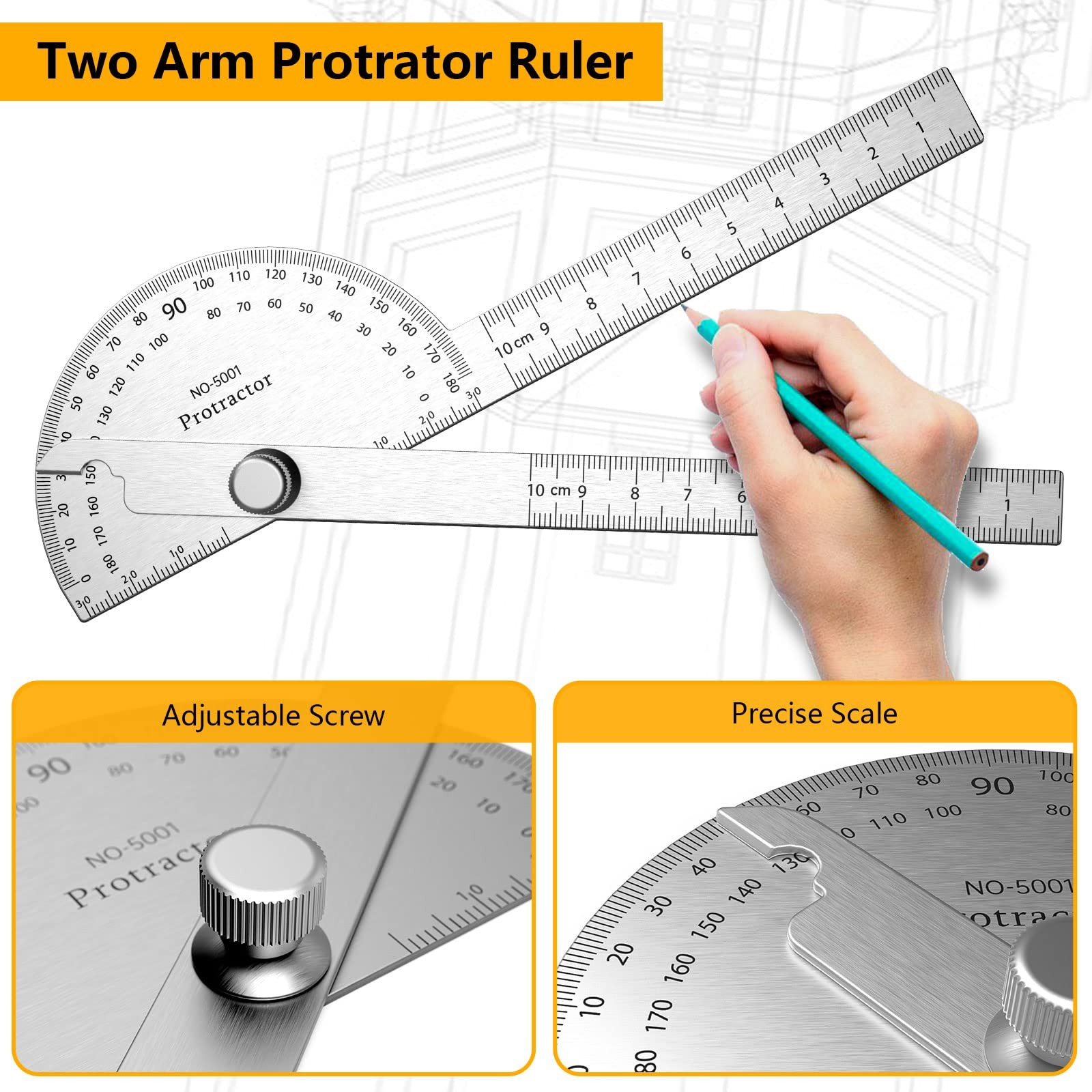 Stainless Steel Protractor 180 Degrees Two Arm Ruler Adjustable Angle Protrac...