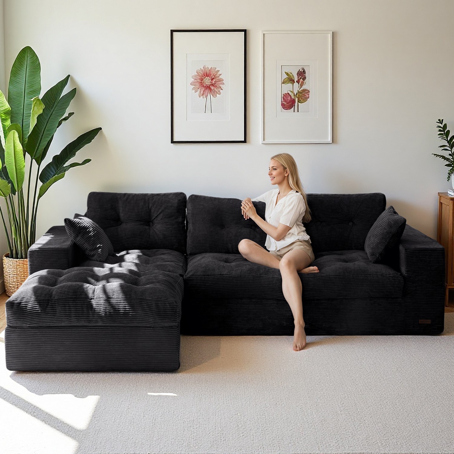 MAXYOYO 104"Modular Sectional Cloud Couch with Ottoman,Oversized Boneless Couch