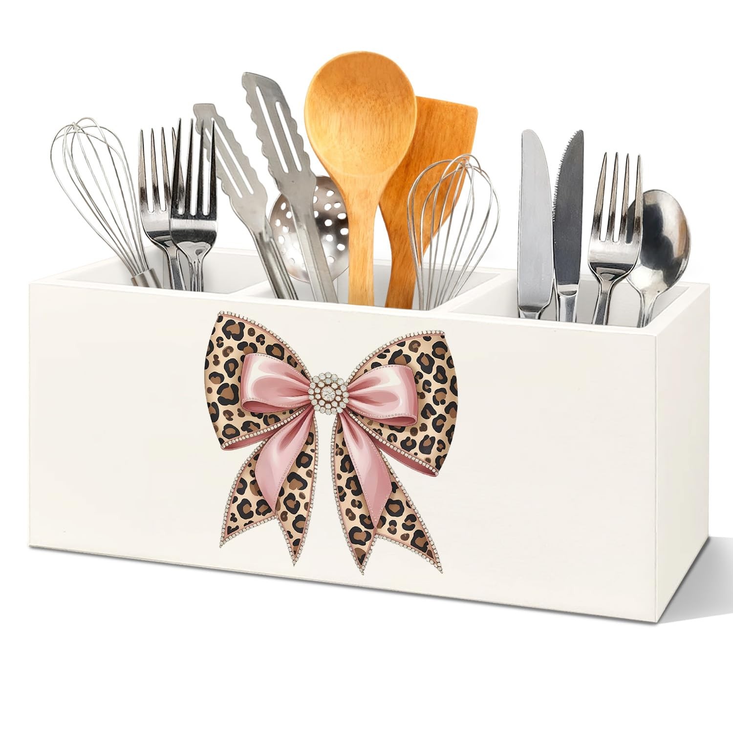 Pink Leopard Bow Kitchen Utensils Holder with 3 Compartments, Trendy Coquette...