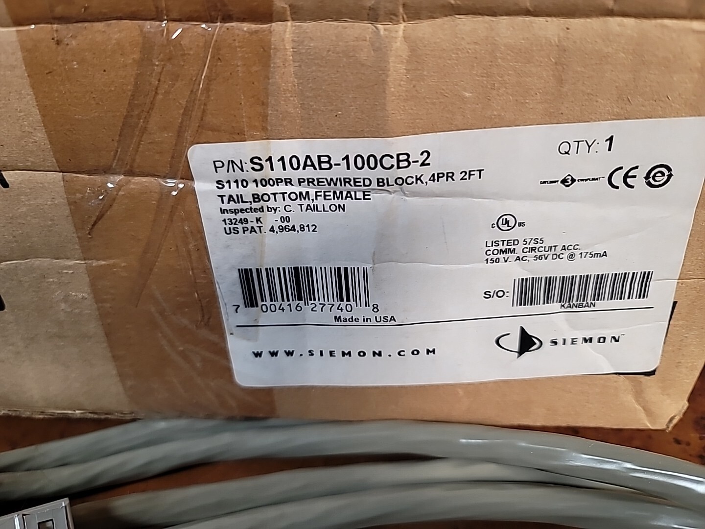 Siemon S110AB-100CB-2 Prewired Block 4PR 2FT Tail Bottom Female