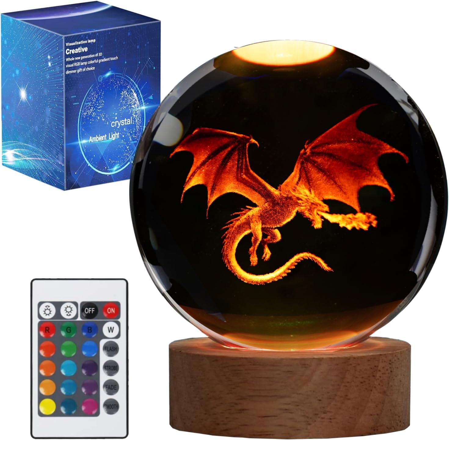 Dragon Night Light, 3.15 Inch (80mm) K9 Crystal 3D Lamp with Remote 16 Color ...