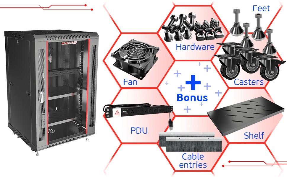18U Server Rack 24-Inch Deep Network Cabinet with Fan-Casters-Shelves-Powerbar