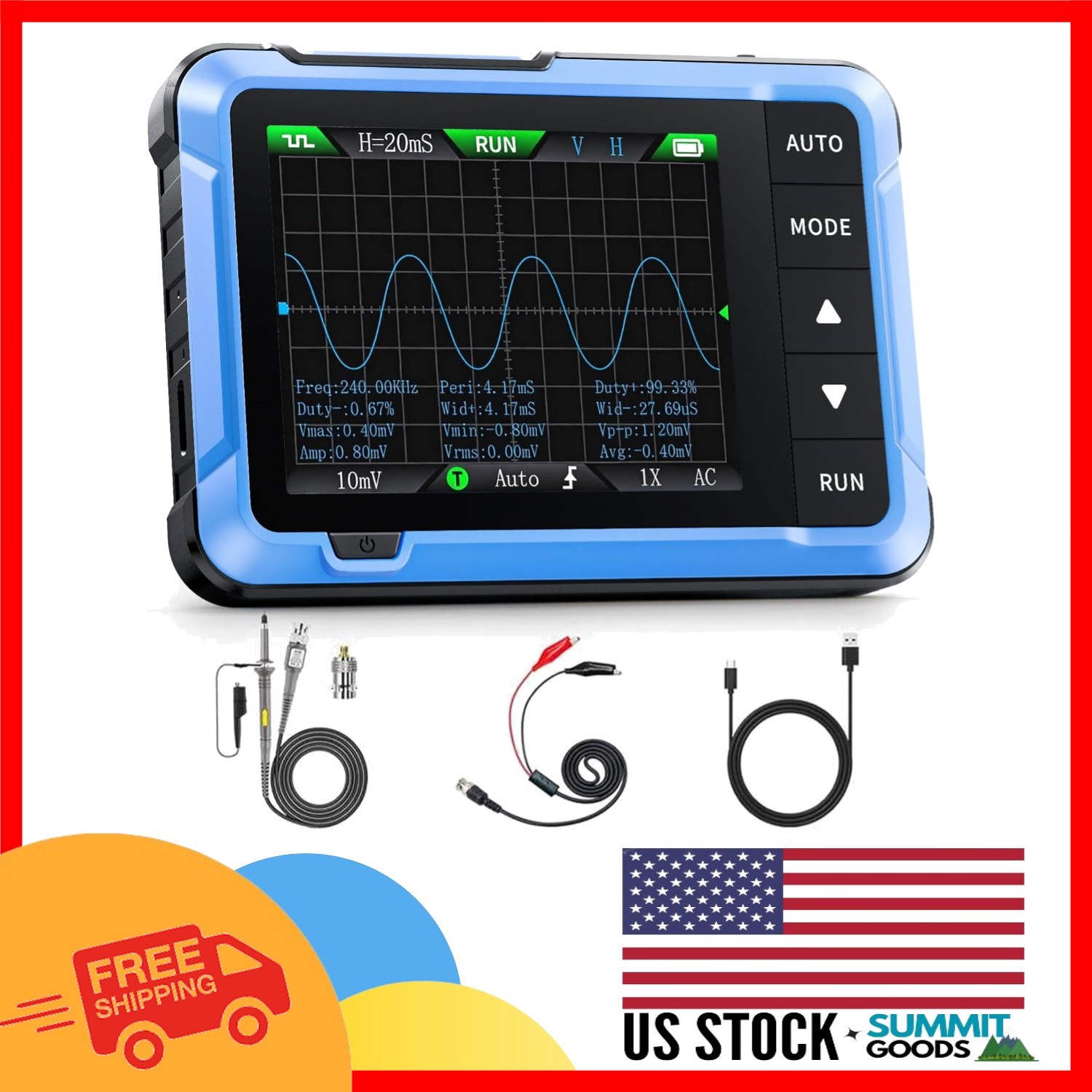 Handheld Oscilloscope with 13 Waveform Outputs & Long Battery Life