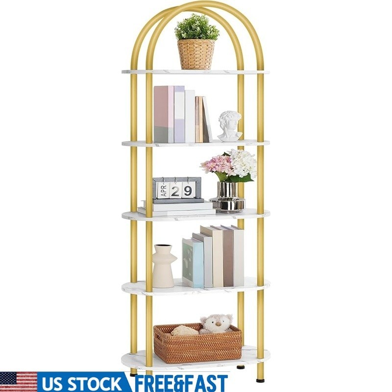 Sturdy 5 Tier Gold Bookcase Arched Shelf Display Unit Home Office Storage New
