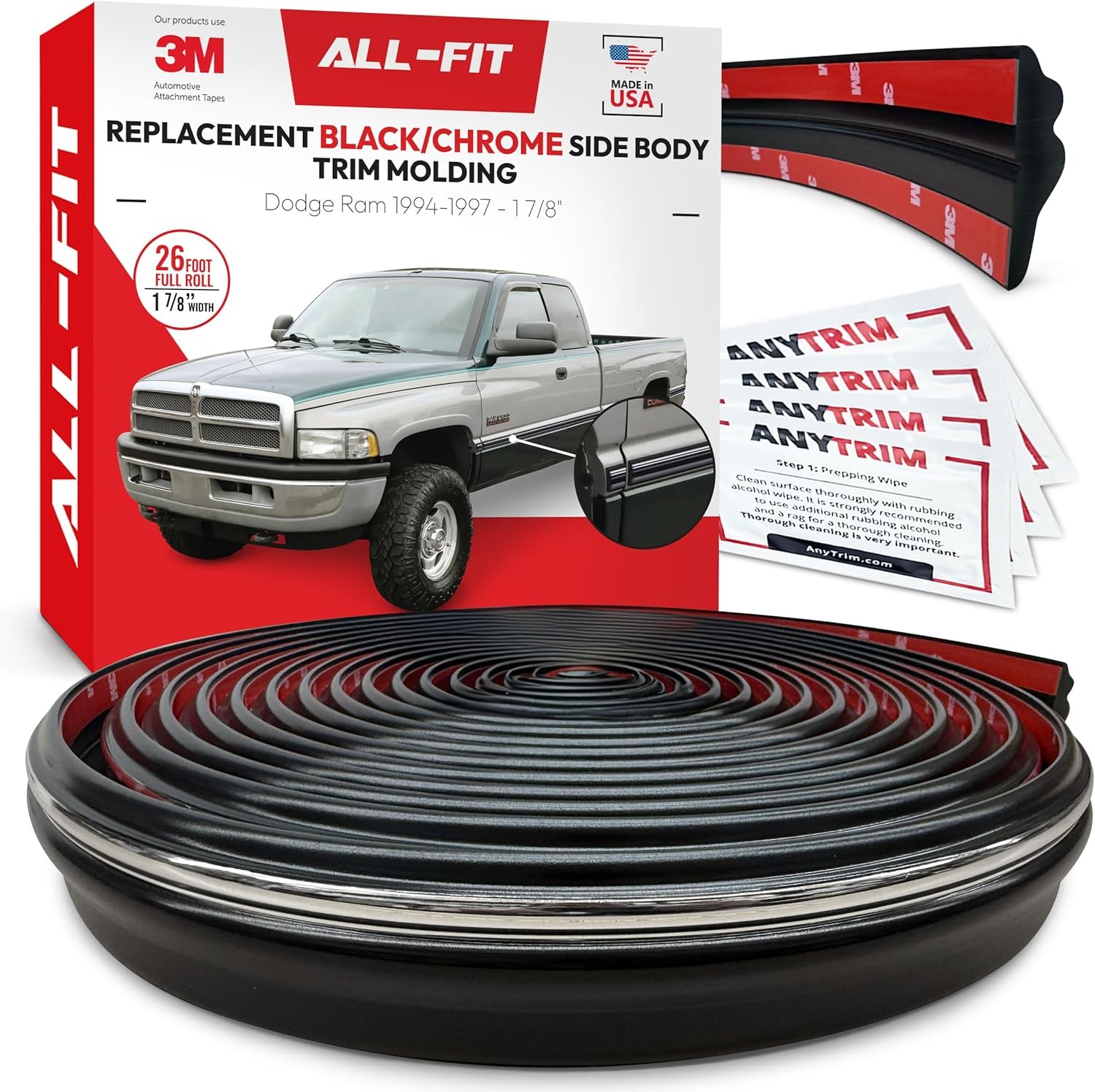 ALL-FIT Black Chrome Side Molding Trim 94-97 Dodge Ram 1500 2500 3500 26Ft