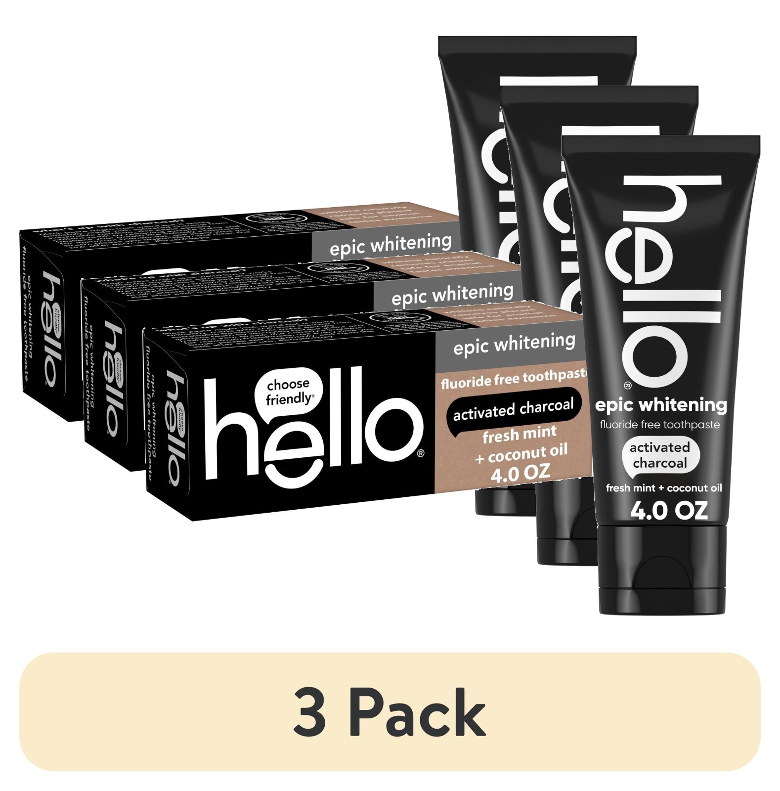 3-Pack Hello Epic Charcoal Toothpaste, Fluoride-Free, Mint, 4 Oz Tube