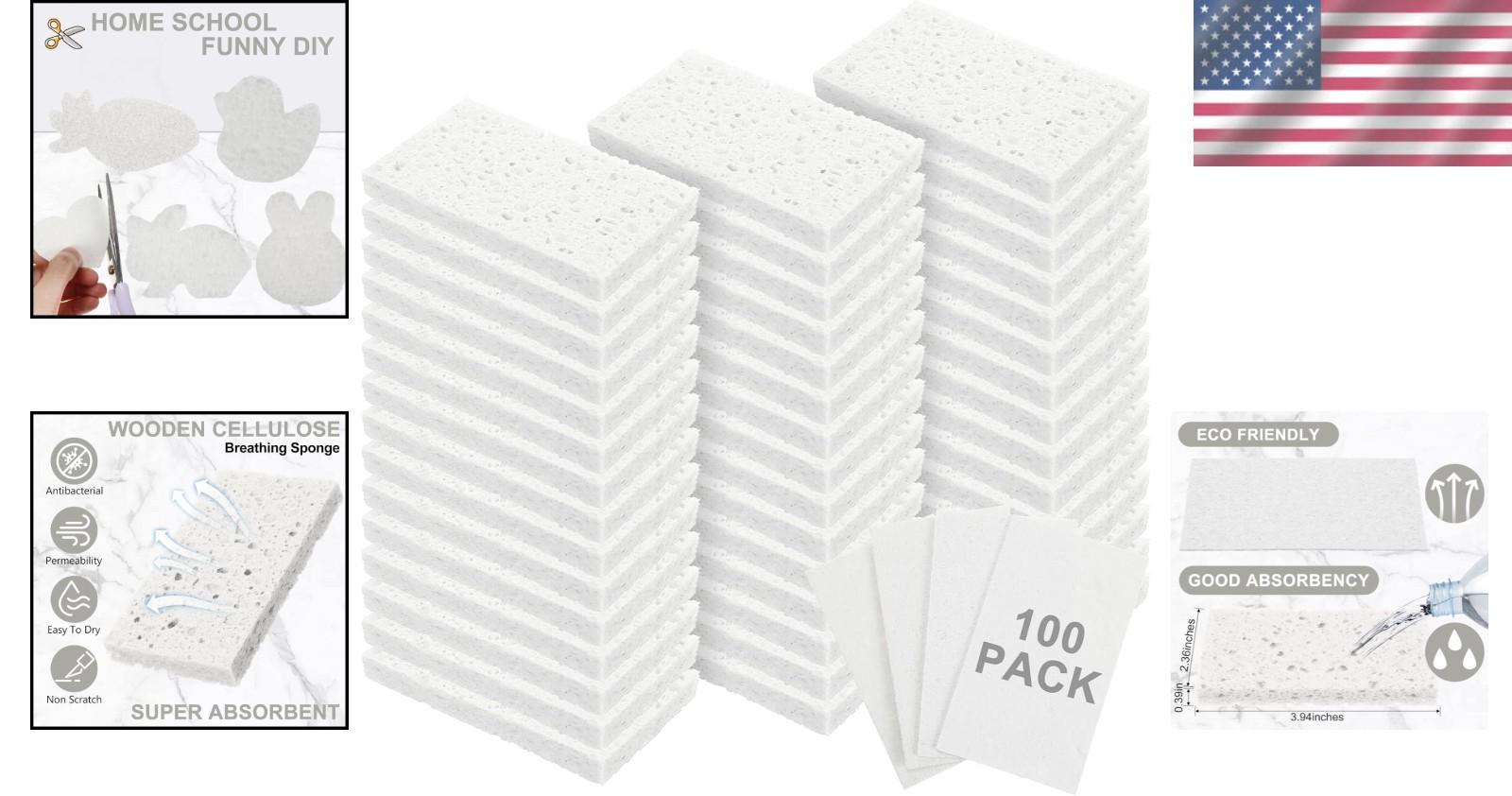 Durable Wood Pulp Sponges, 100 Pieces, White