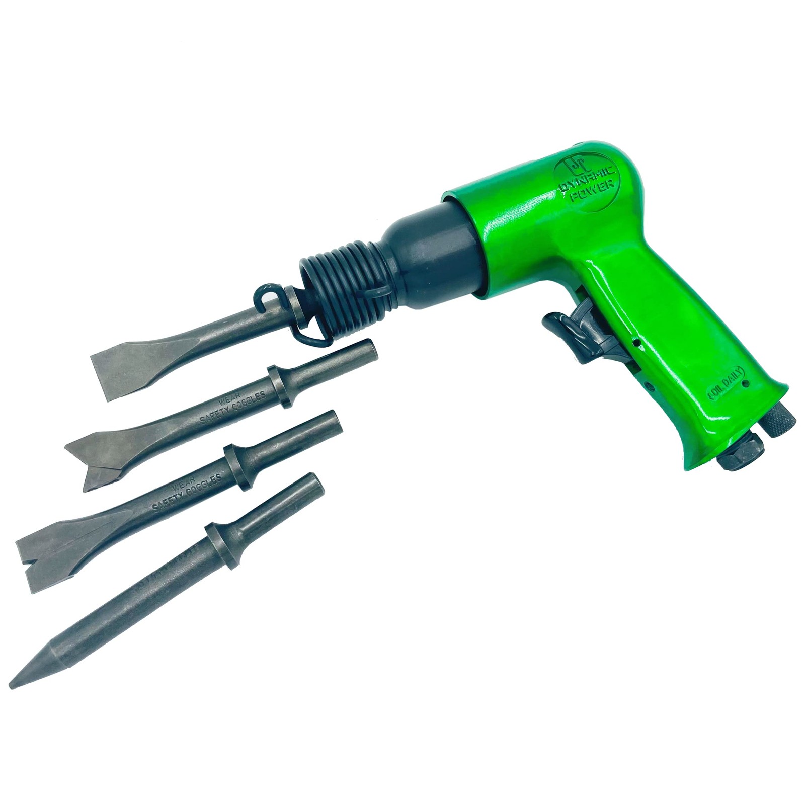 DYNAMIC POWER Short Barrel Air Hammer Kit with 4-Chisels, Alloyed steel Green