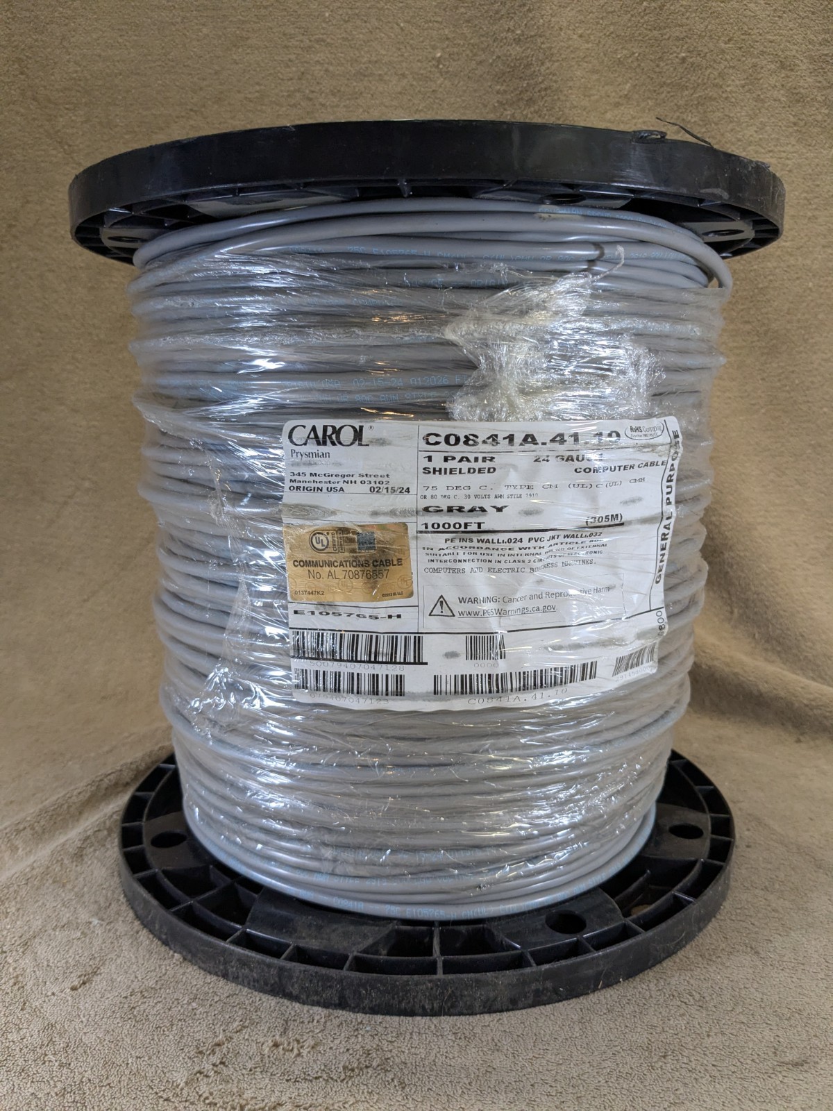 Carol C0841a.41.10 Computer Cable Shielded 24/2  1000 Ft 19G473 Gray 2 Wire