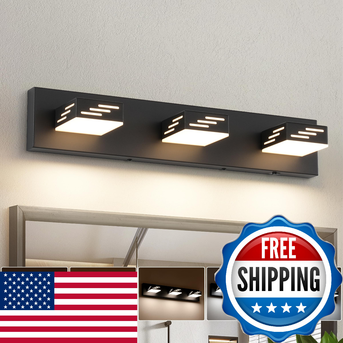 Joosenhouse 3-Light Black Bathroom Vanity Light 5CCT Dimmable LED Mirror Lightin