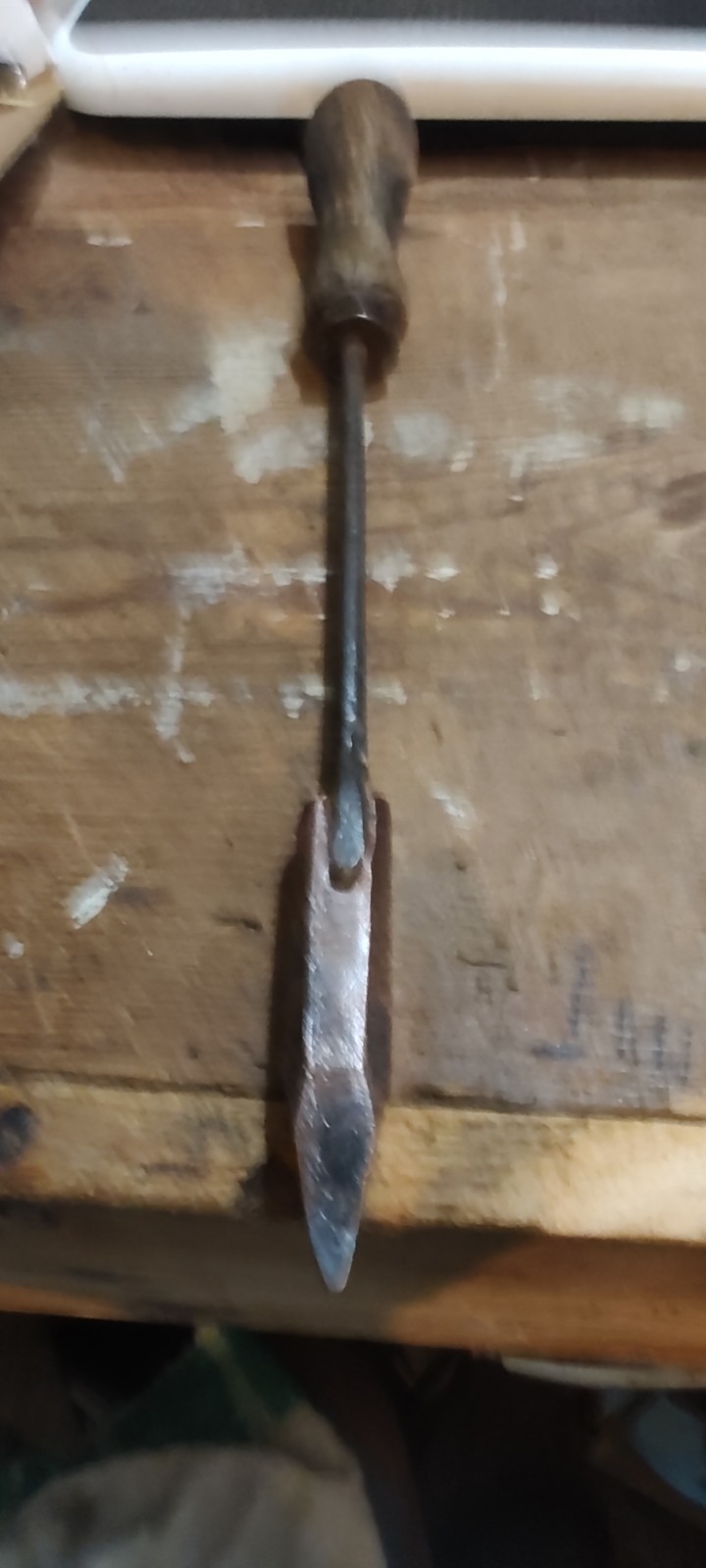 Soldering iron, flame heated copper tip with wood handle, Initial D.A.E .D