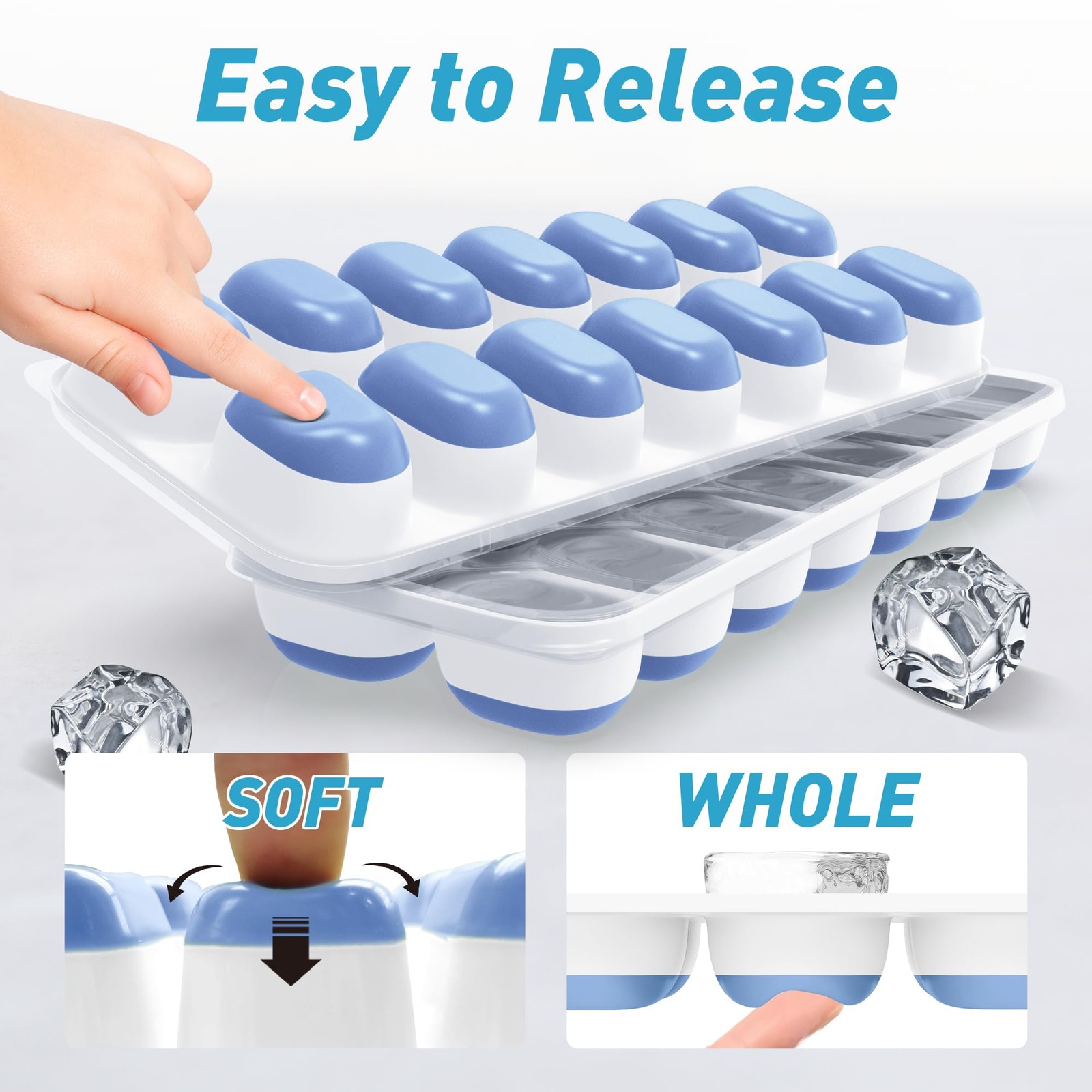 ChefAide Ice Cube Tray with Lid, 4 Pack, Mint+Space Blue 4 Pack