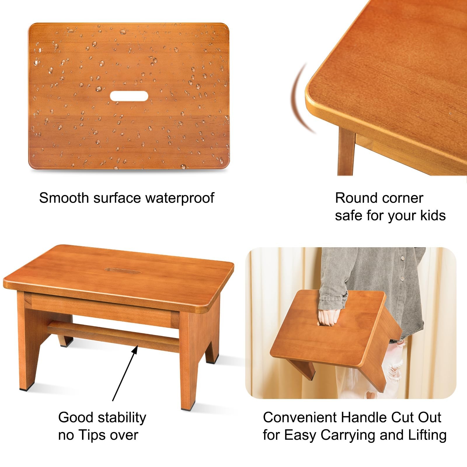 Wooden Step Stool for Adults,9.1''High One Step Stool for High Bed/Kitchen Ri...