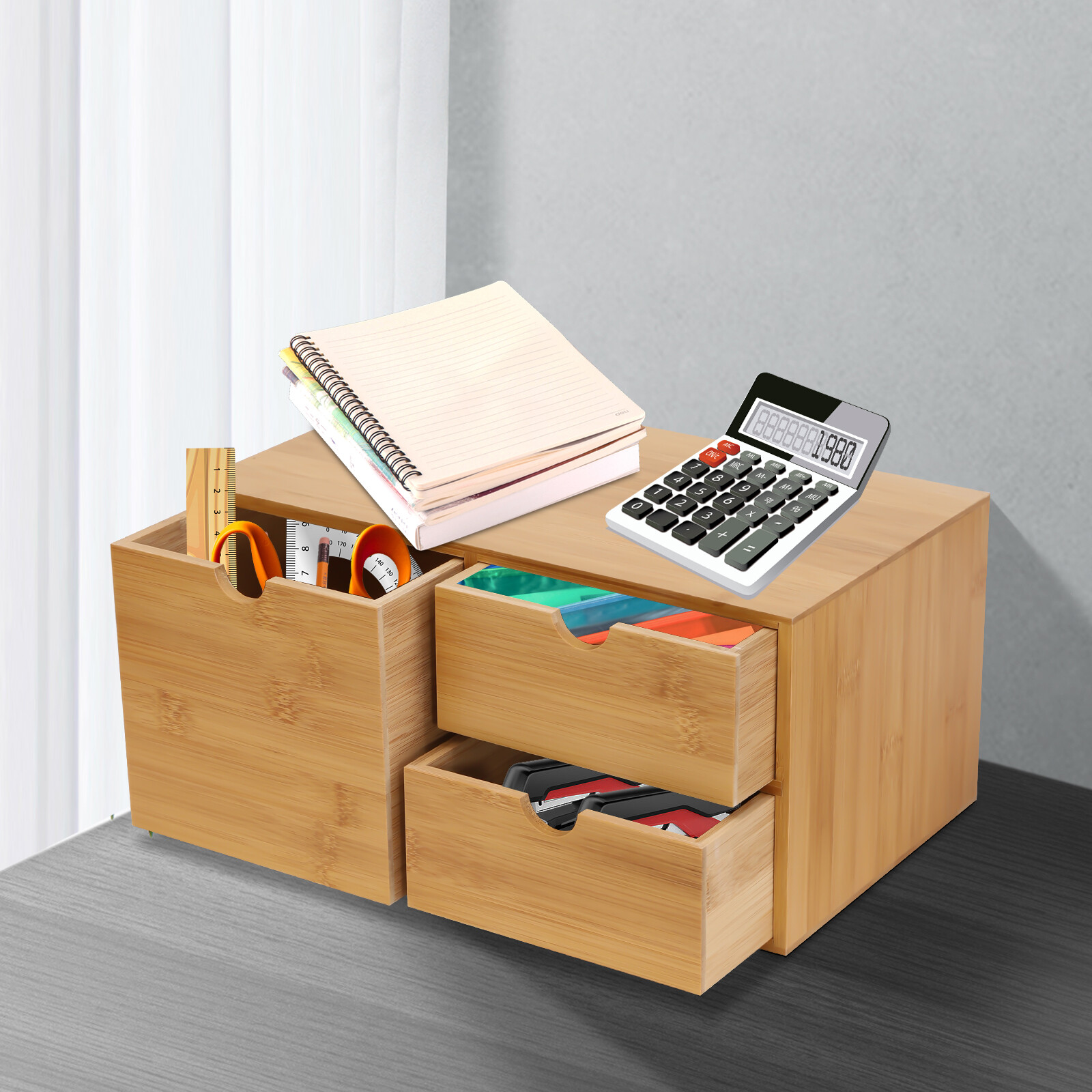 Office Desk Organizer Drawers Desktop Storage Bamboo Box Storage Recess Handle