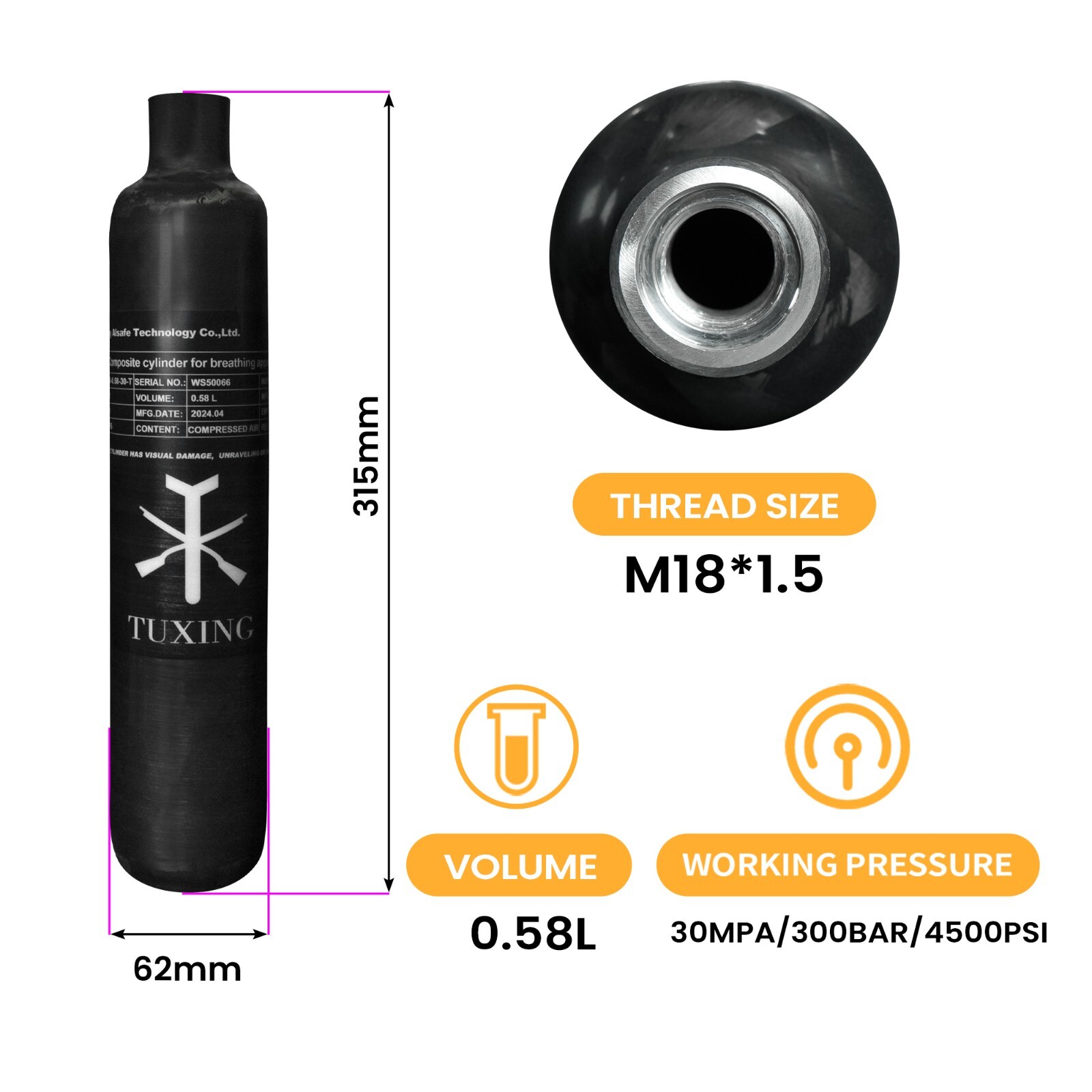 TUXING 4500psi PCP Air Tank,0.58L Carbon Fiber Scuba HPA Cylinder Diving Tank