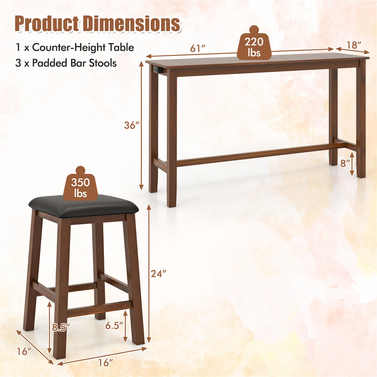 4-Piece Bar Table Set w/ Power Outlet Counter-Height Table & 3 Bar Stools