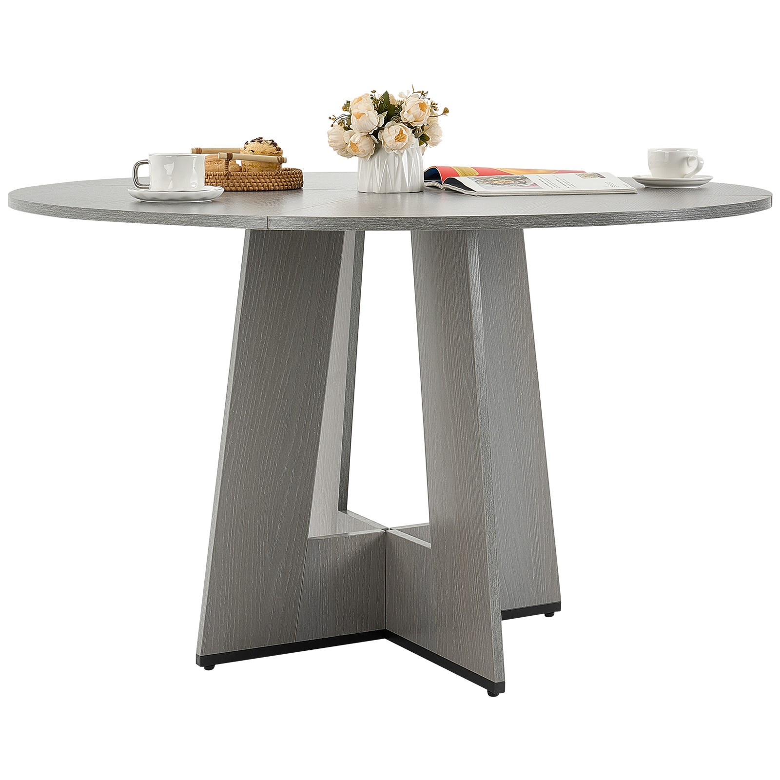 47 in Round Dining Table Wood Kitchen Table for 4-6 Person Grey (Only Table)